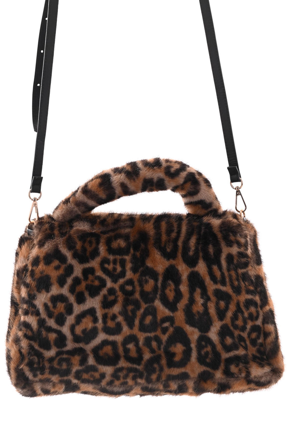 Faux fur panterprint handtas camel