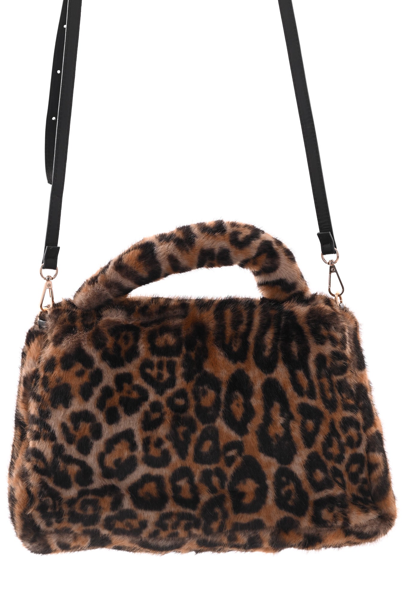 Faux fur panterprint handtas camel