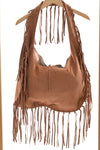 Suedinelook schoudertas franjes camel