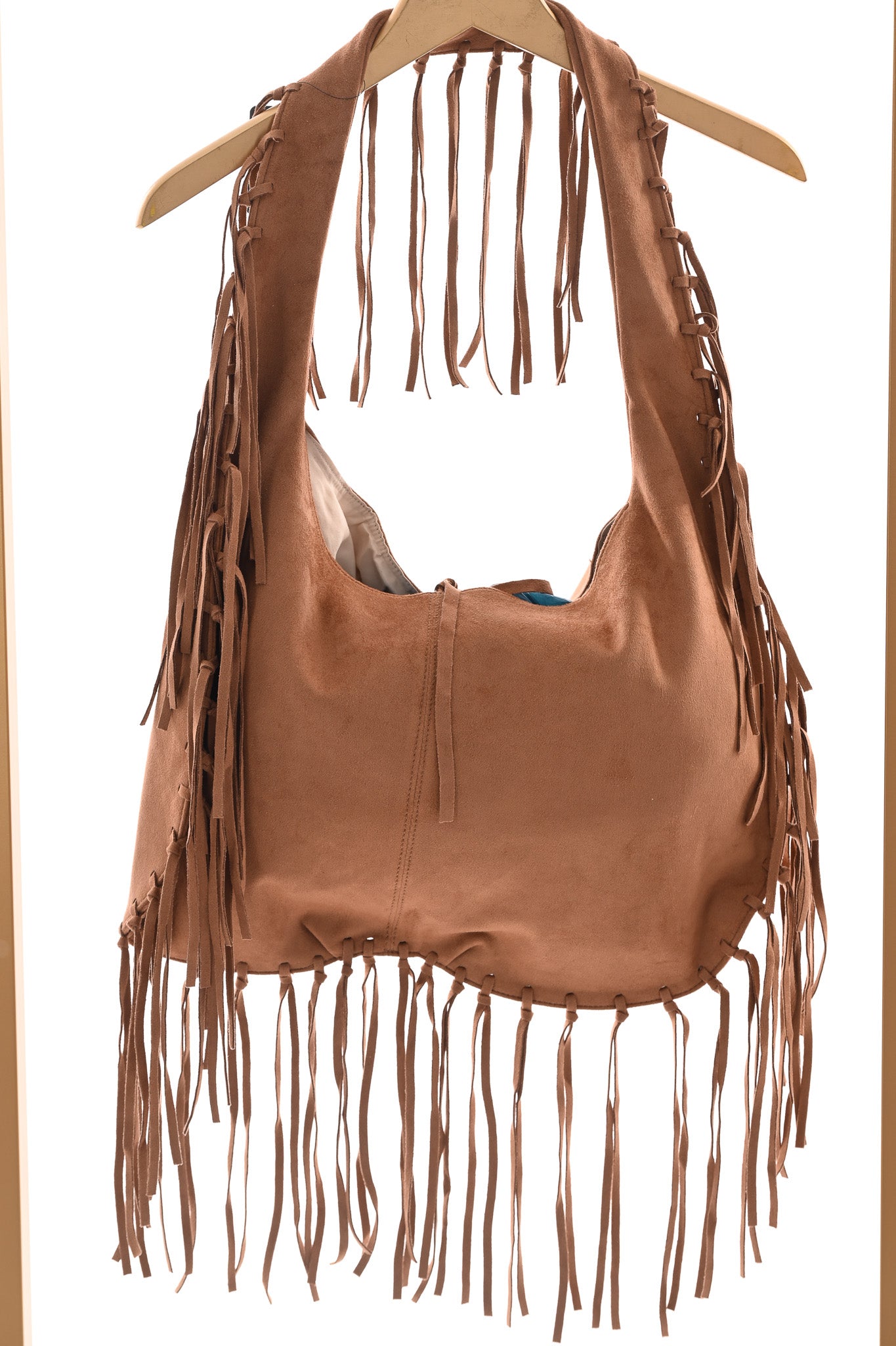 Suedinelook schoudertas franjes camel