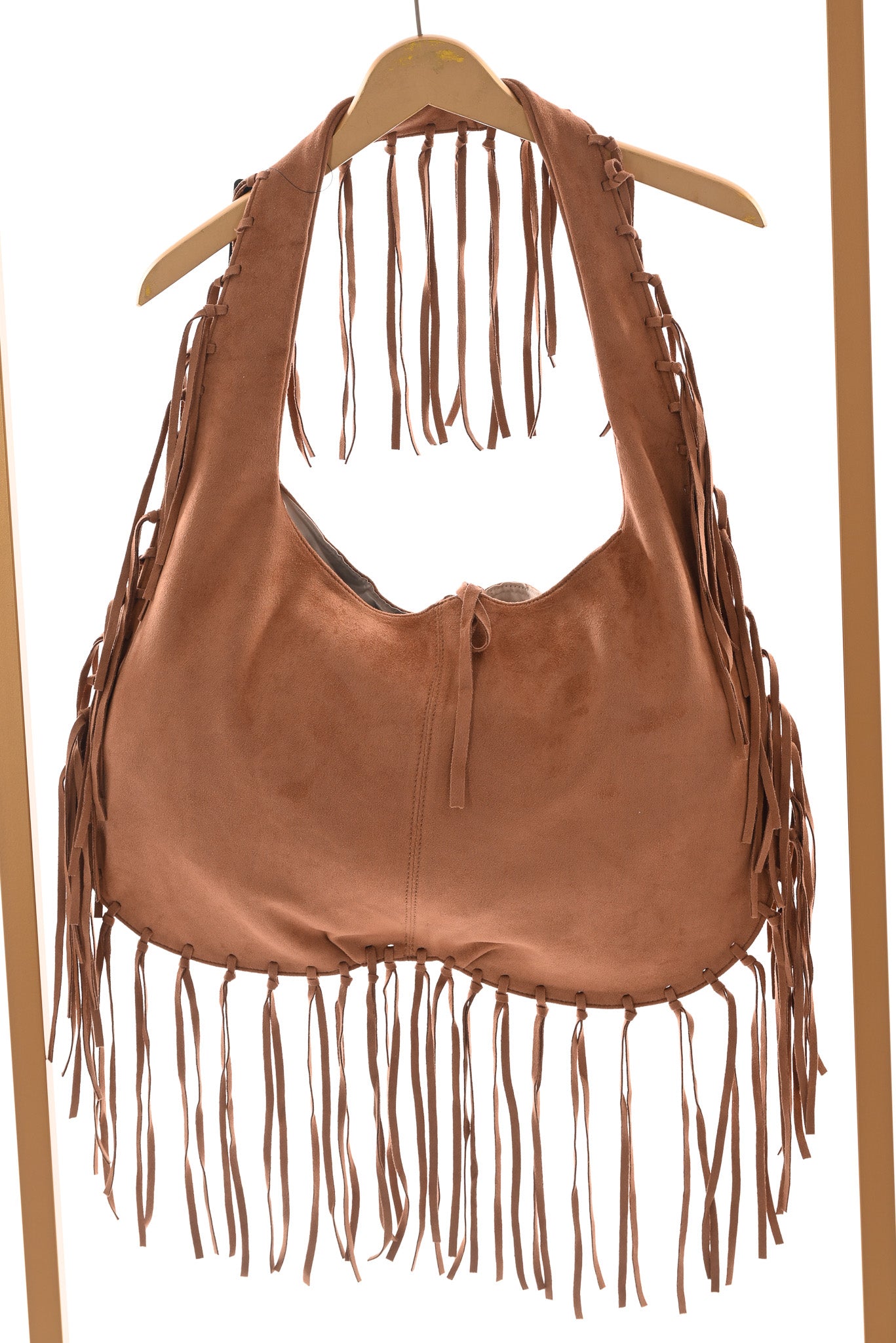Suedinelook schoudertas franjes camel