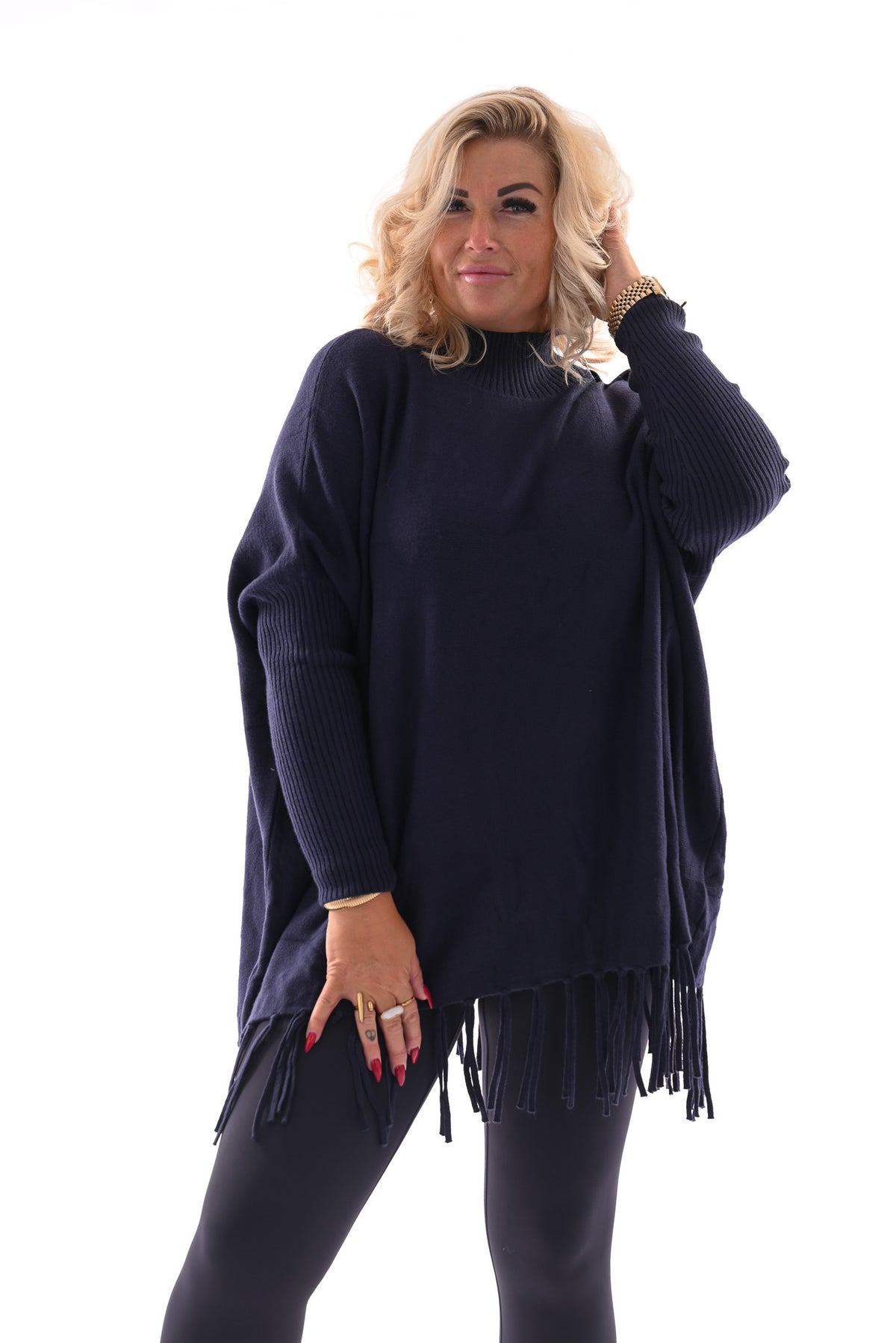 Trui franjes en knopen marineblauw