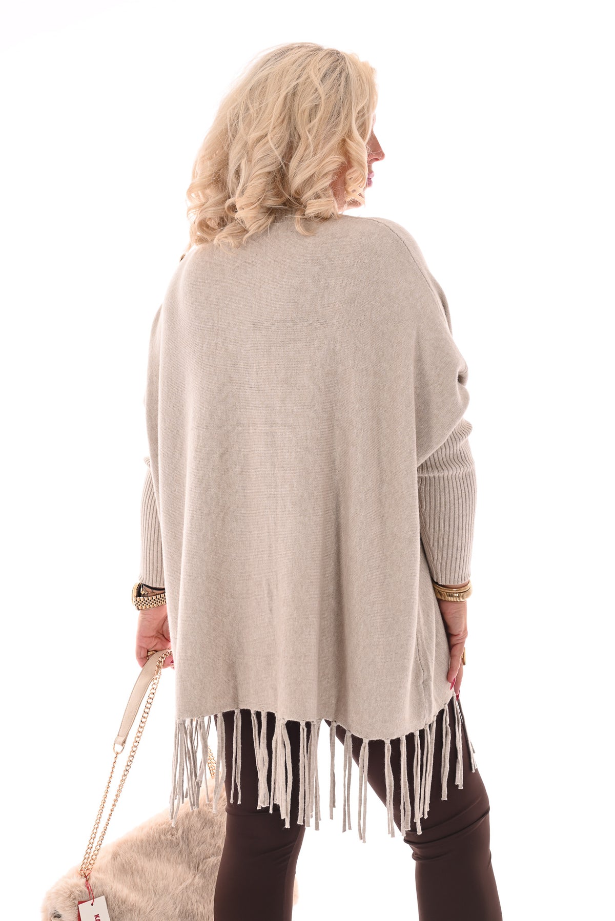 Trui franjes en knopen beige