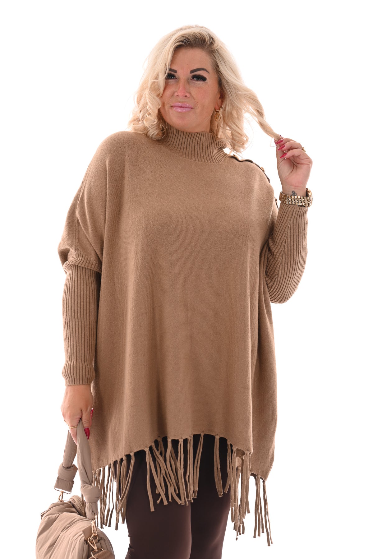 Trui franjes en knopen camel