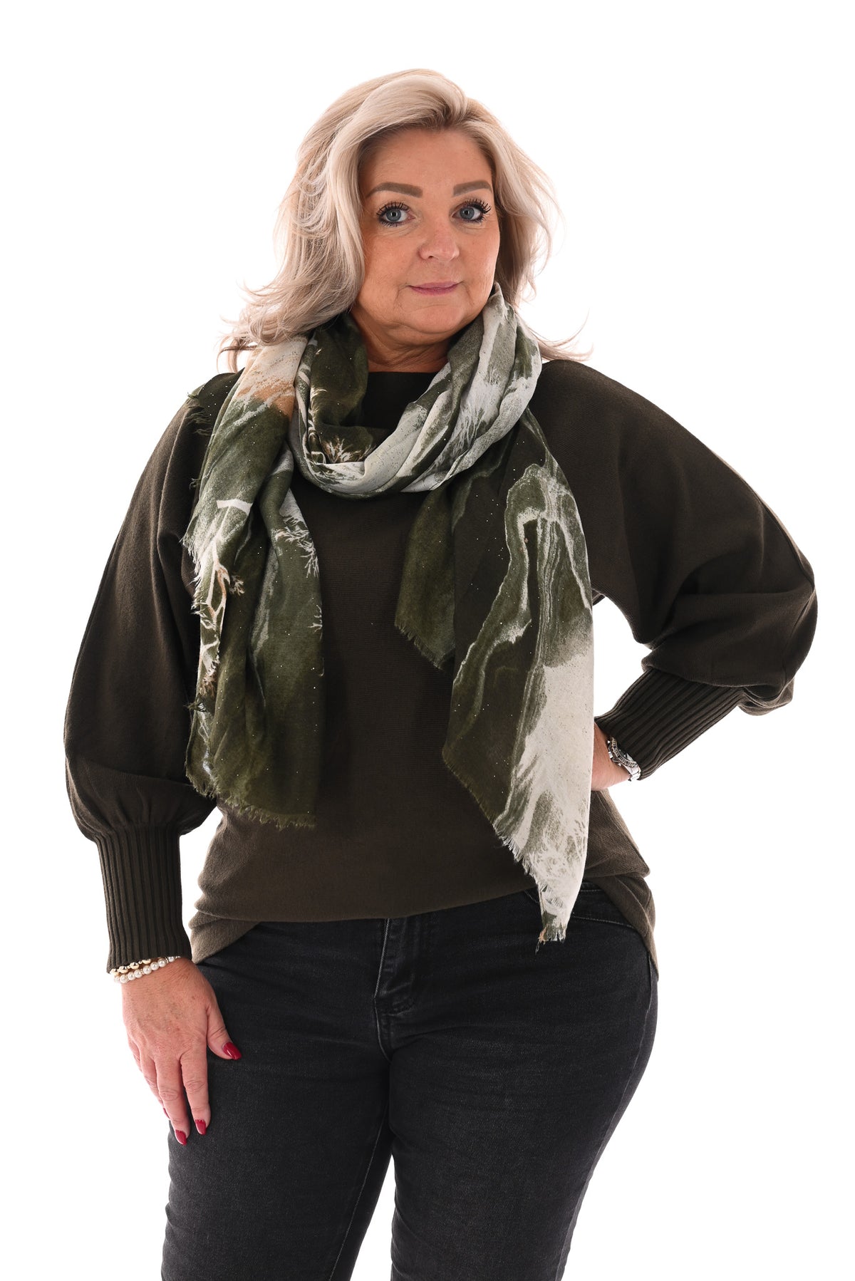 Sjaal landscape glitters donkergroen/beige