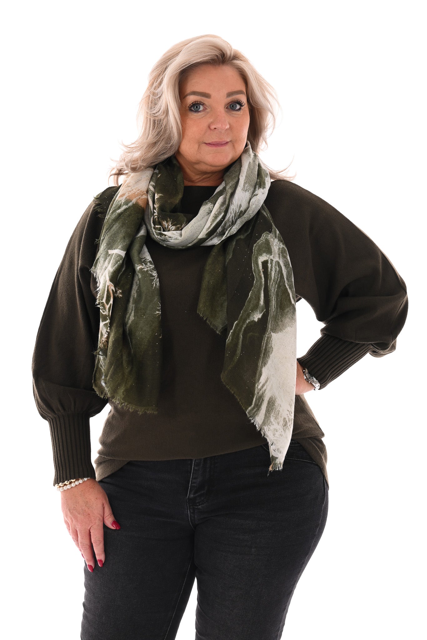 Sjaal landscape glitters donkergroen/beige