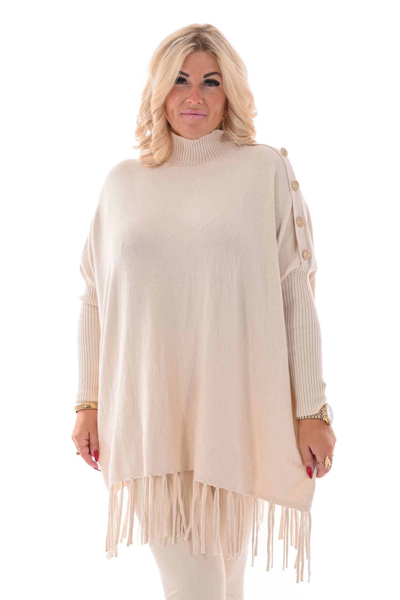 Trui franjes en knopen creme