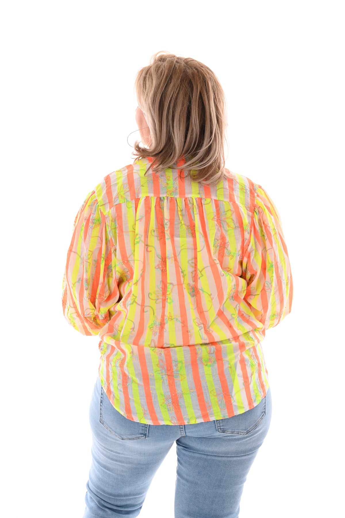 Top gestreept bloemen fel oranje/ neon geel