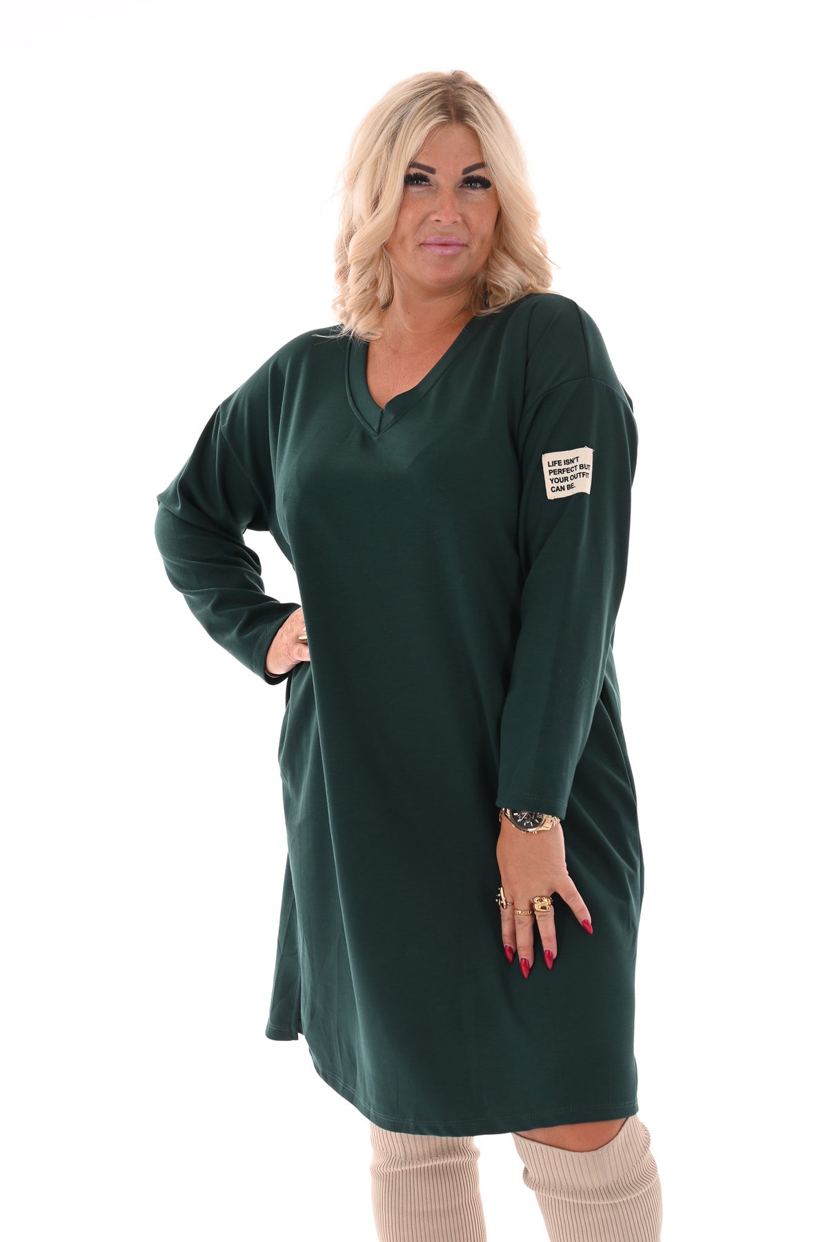 Sweaterdress v-hals applicatie flessengroen