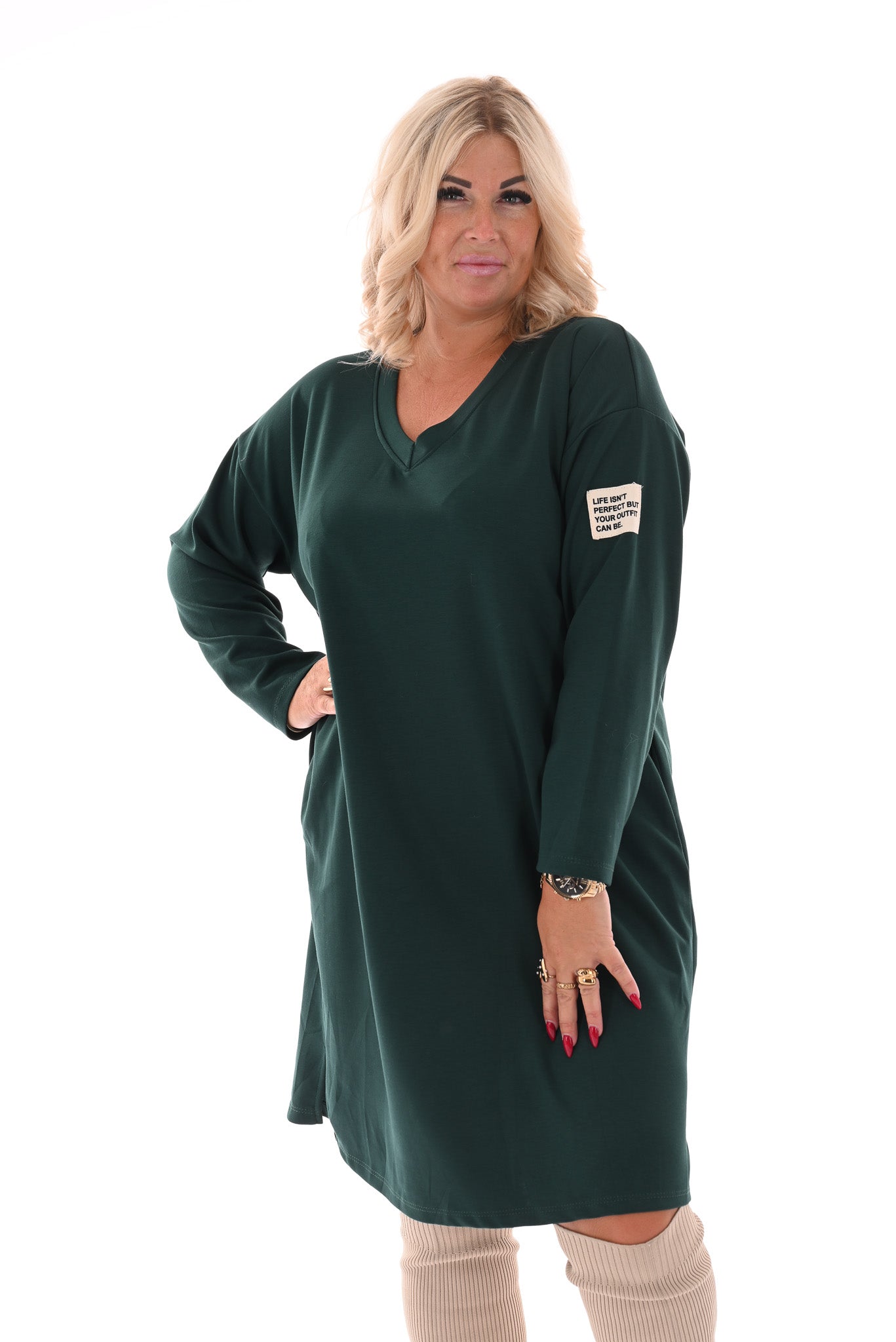 Sweaterdress v-hals applicatie flessengroen