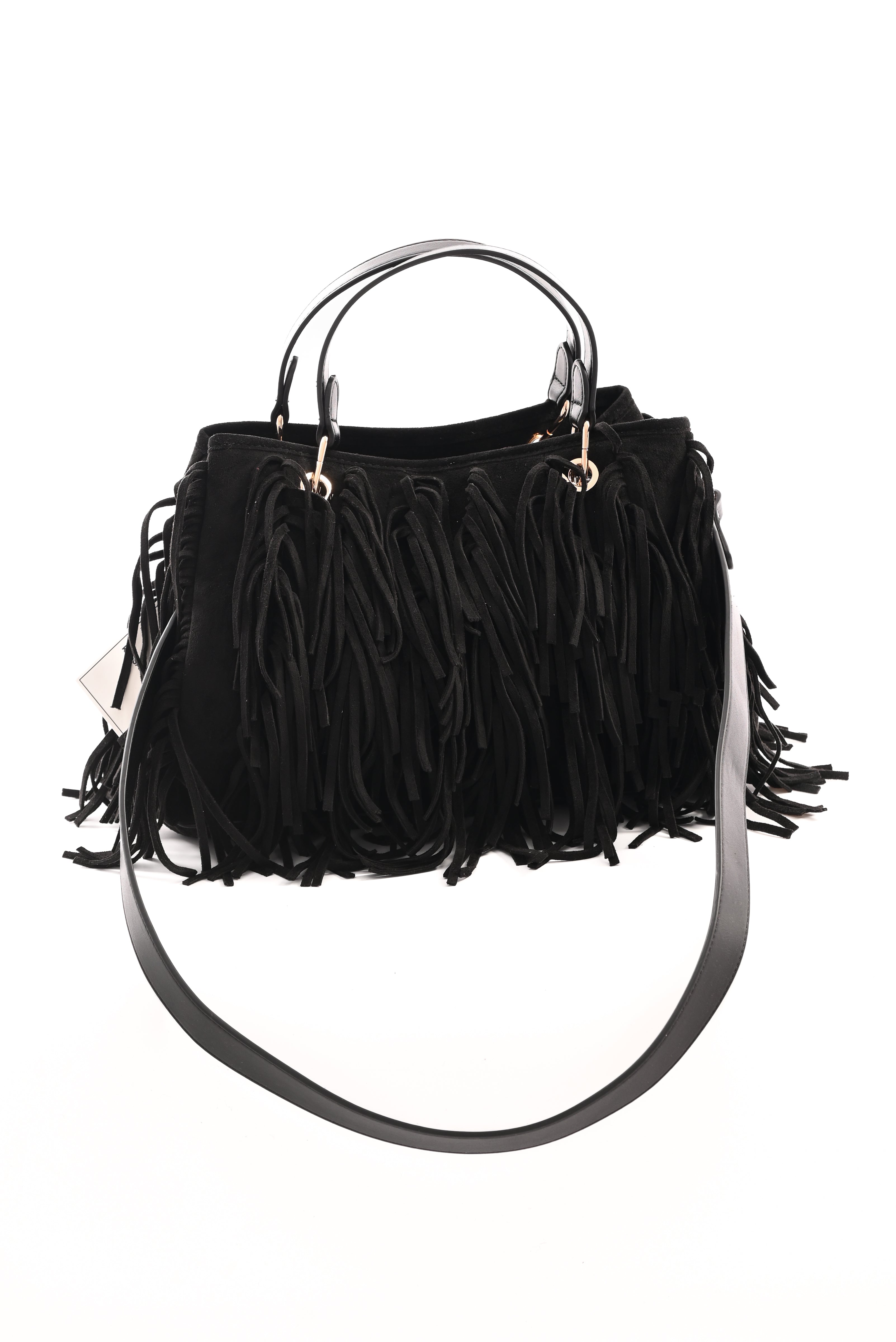 Tas suedinelook franjes zwart
