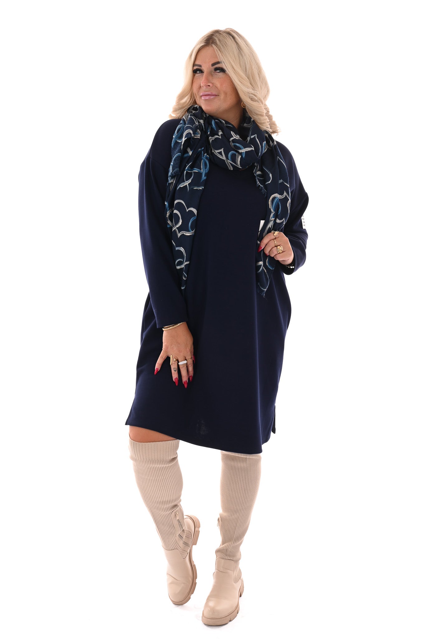 Sweaterdress v-hals applicatie marineblauw