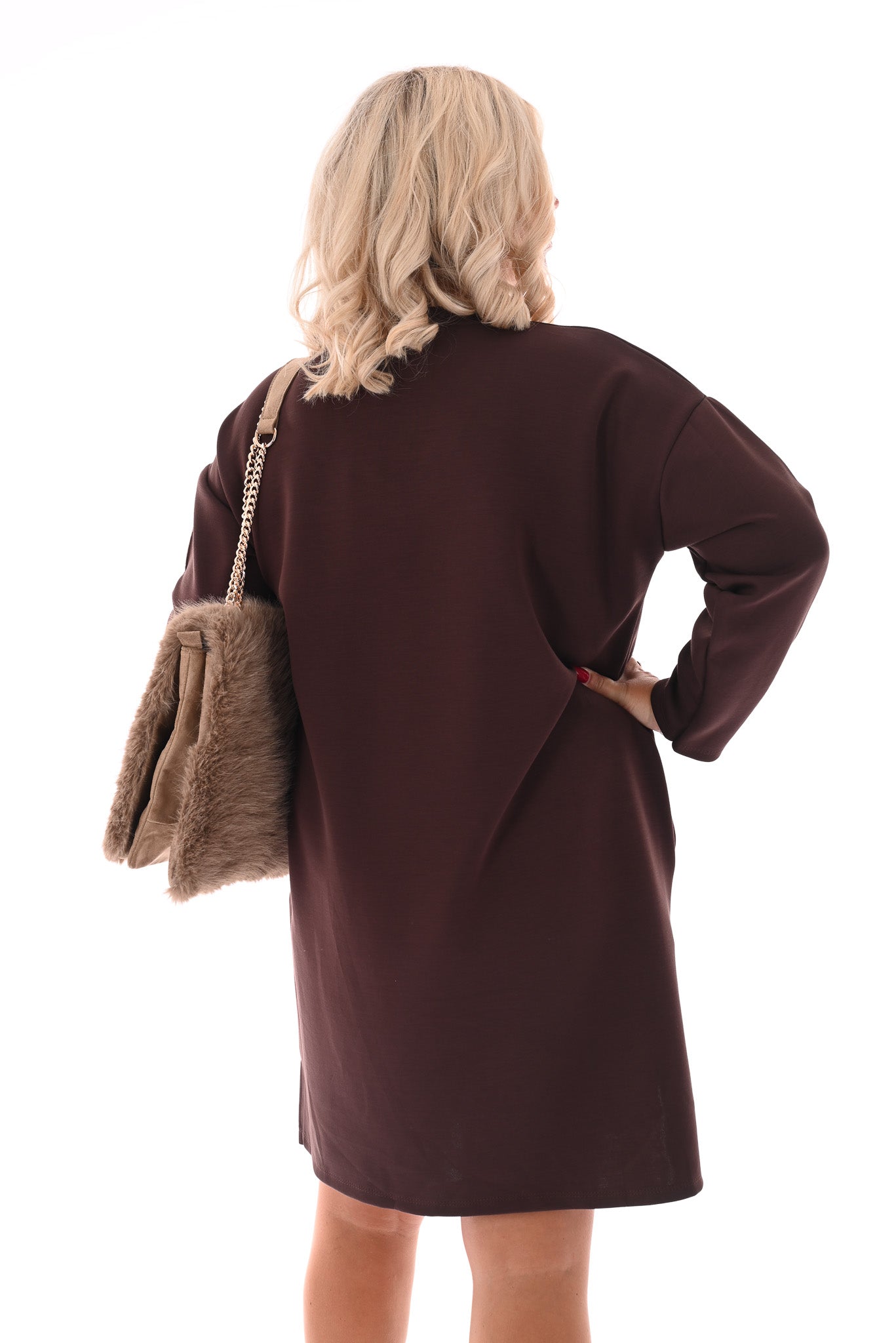 Sweaterdress v-hals applicatie donkerbruin