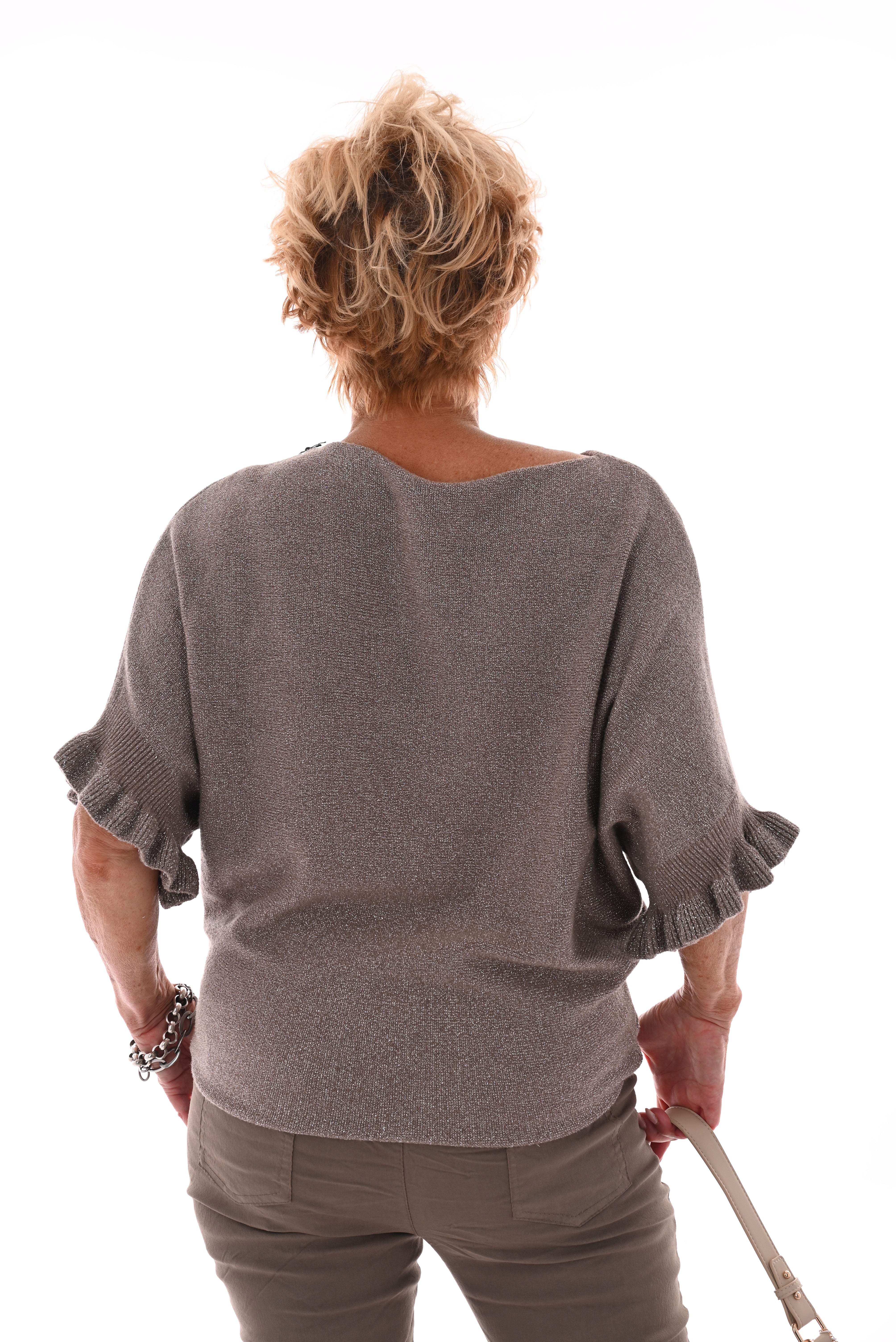Vleermuis trui  korte roezel mouwen glitter taupe