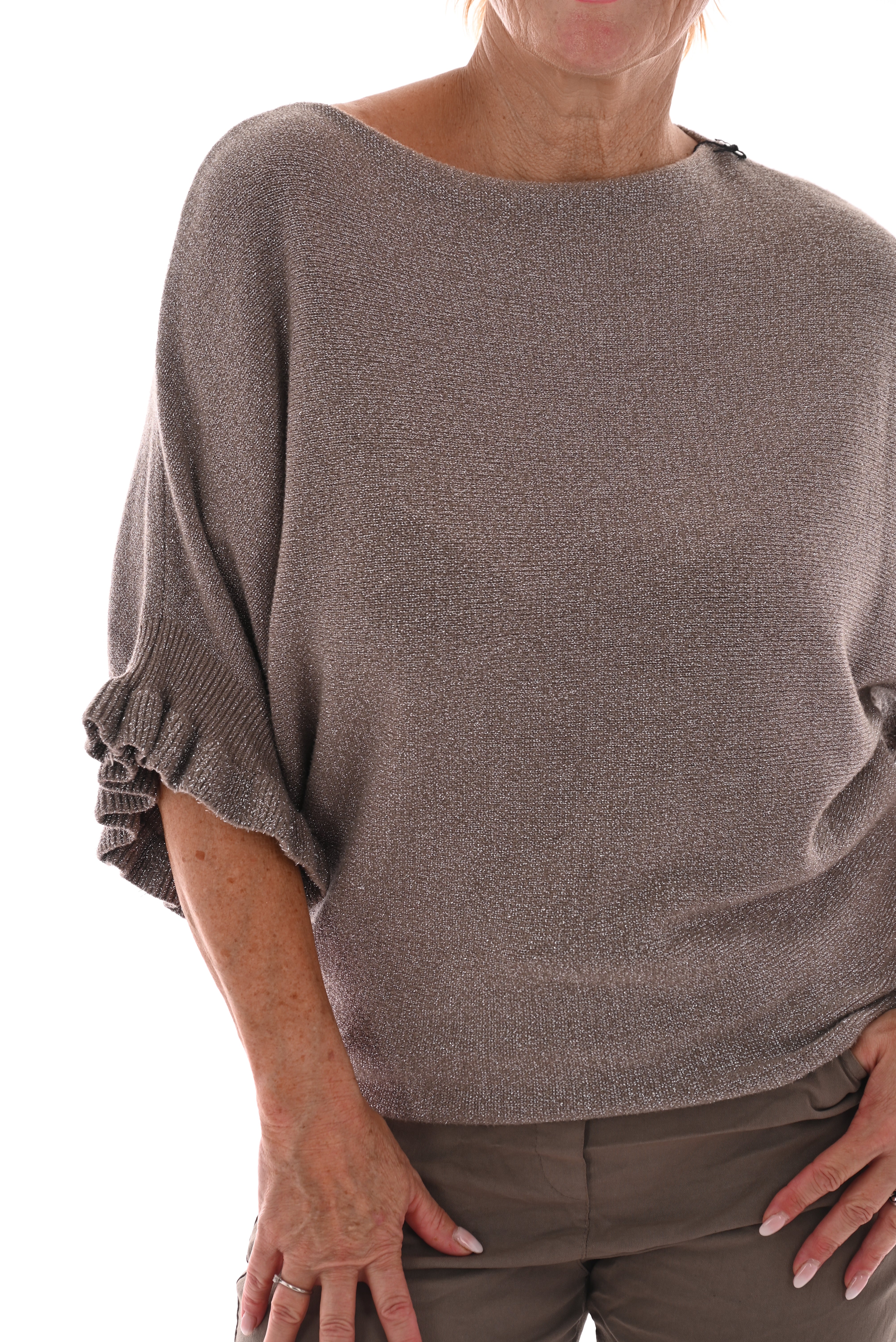 Vleermuis trui  korte roezel mouwen glitter taupe