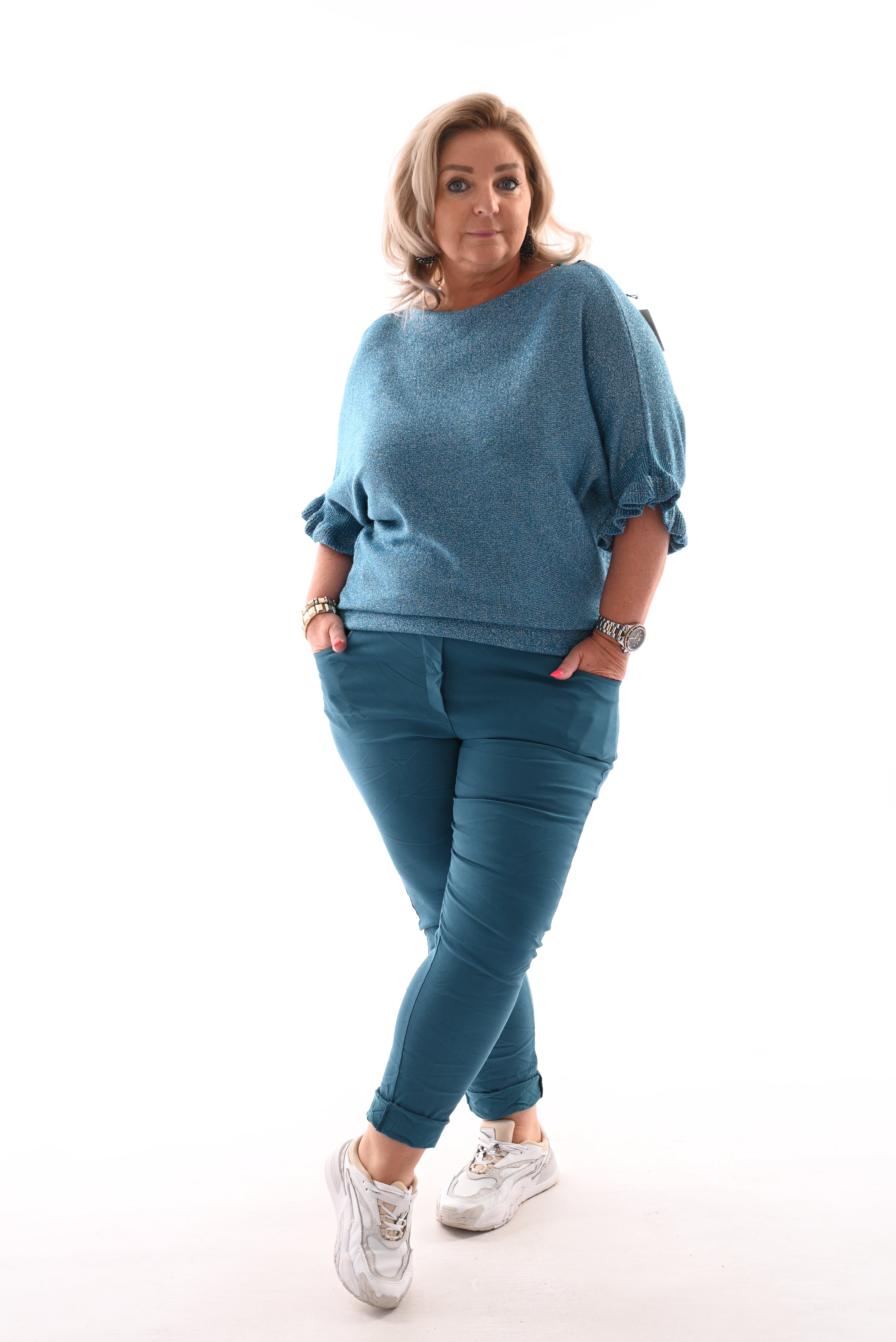 Vleermuis trui korte roezel mouwen glitter blauw