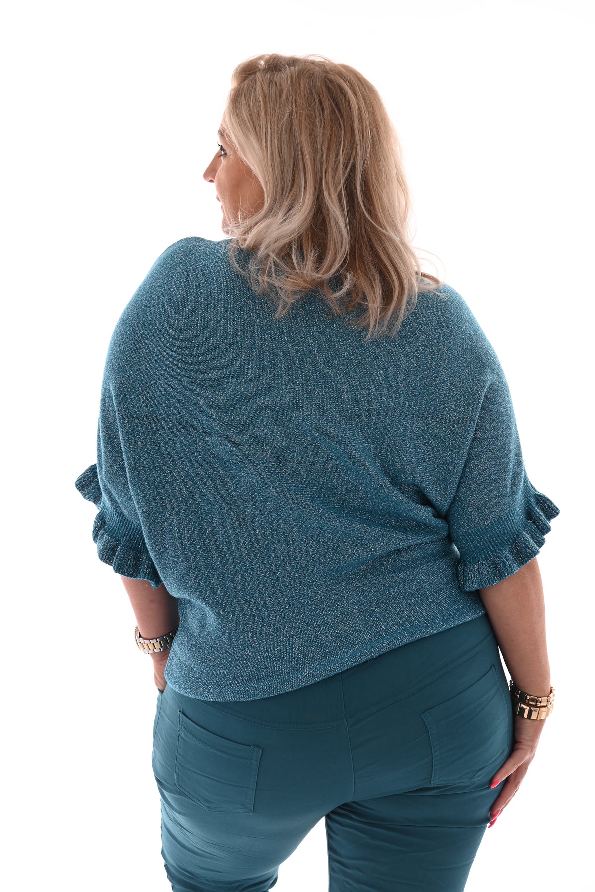 Vleermuis trui korte roezel mouwen glitter blauw
