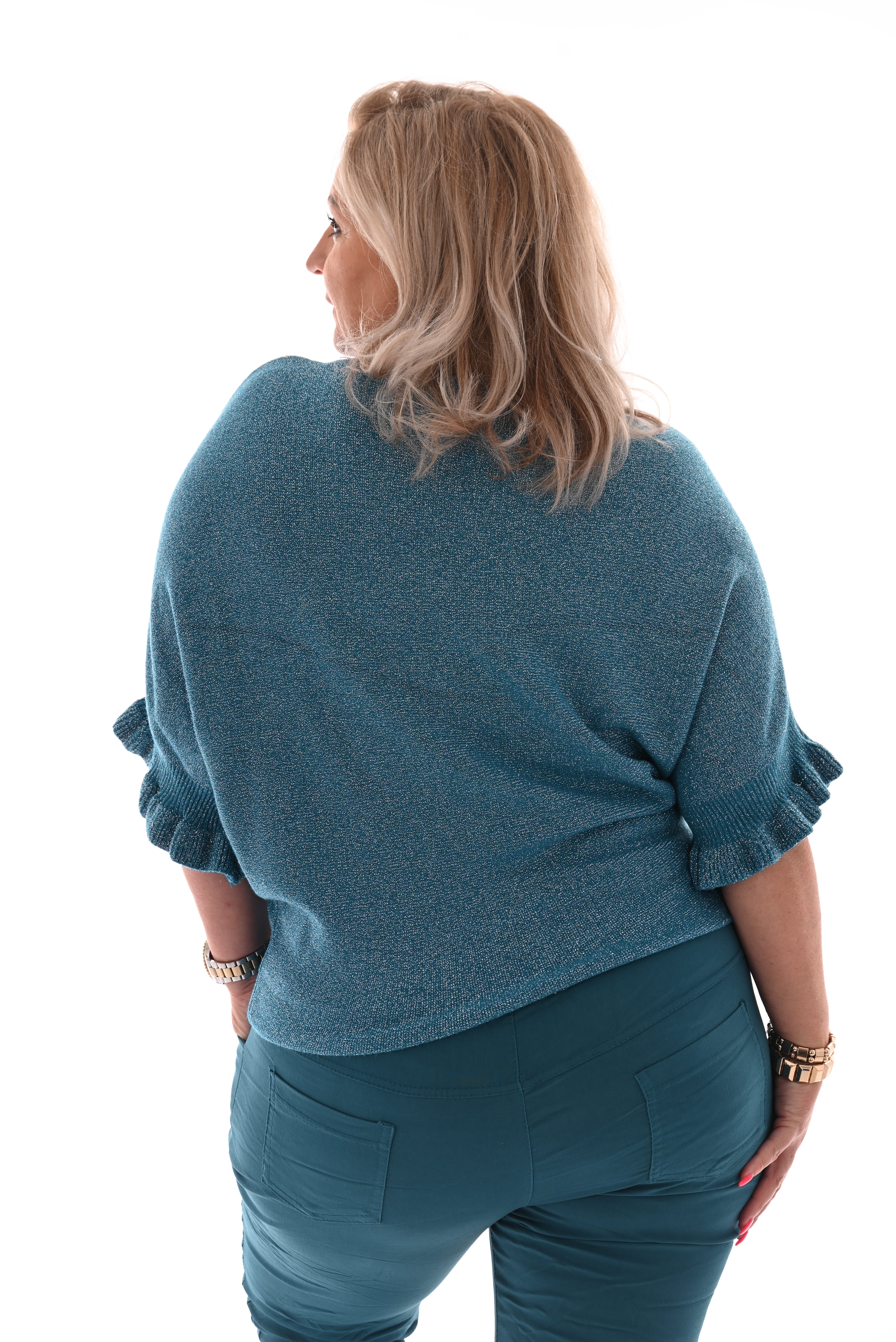 Vleermuis trui korte roezel mouwen glitter blauw