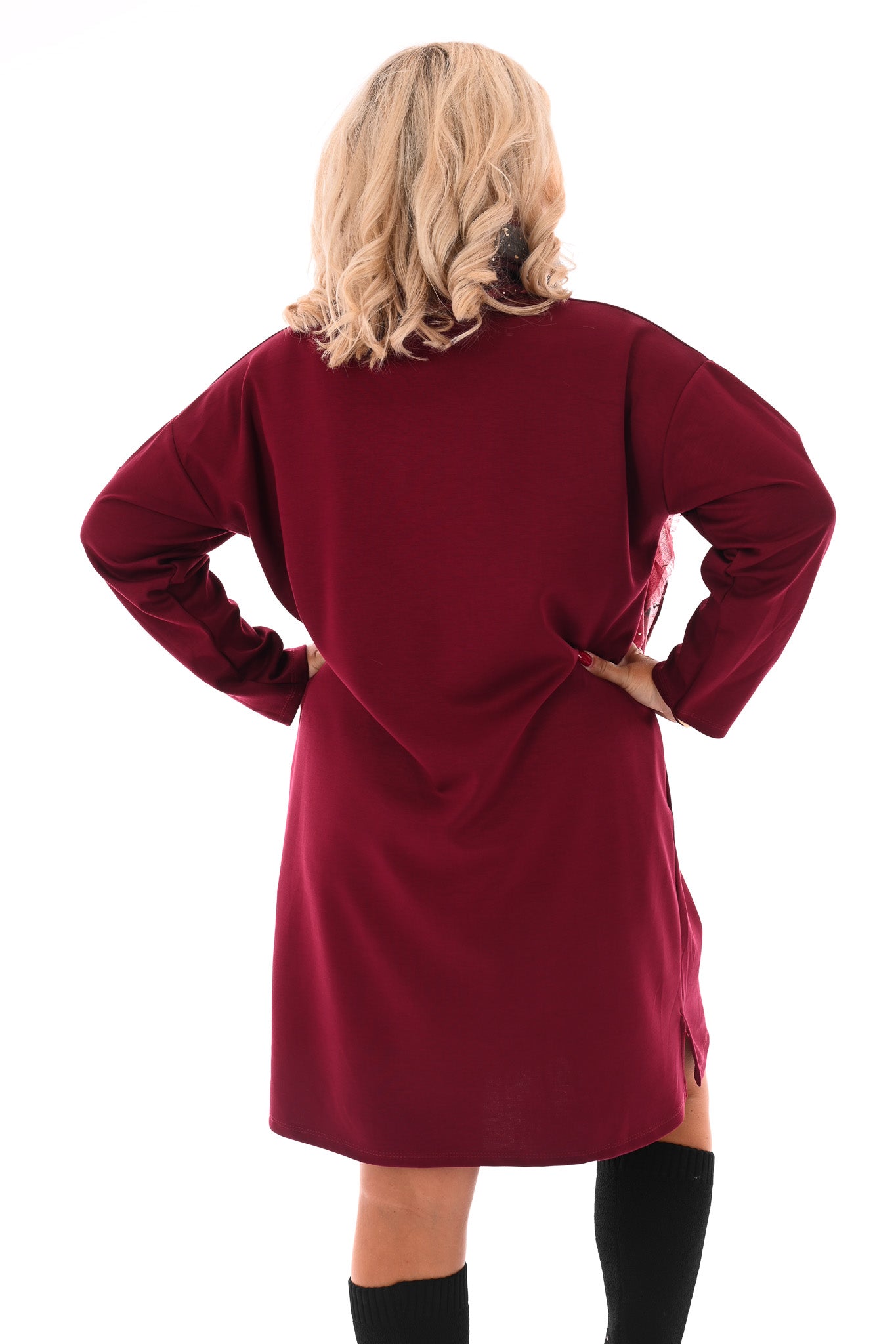 Sweaterdress v-hals applicatie bordeaux