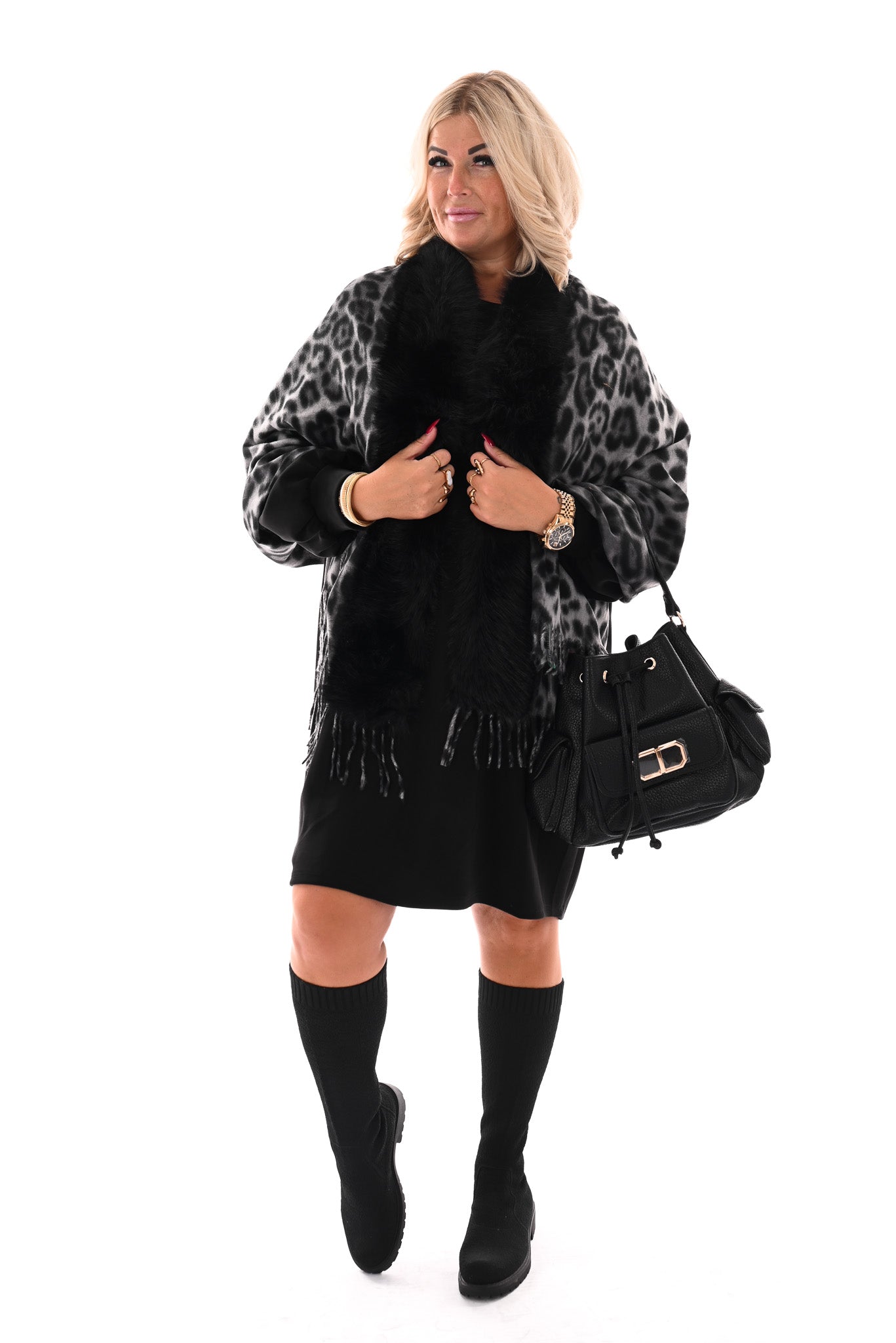 Omslagdoek panterprint met faux fur grijs