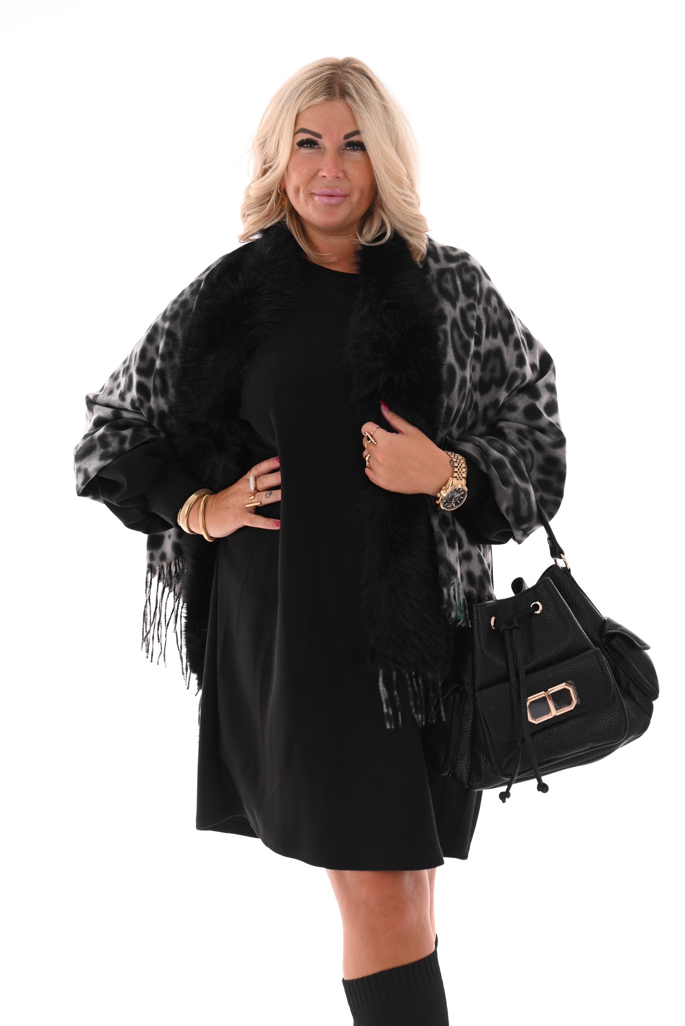 Omslagdoek panterprint met faux fur grijs