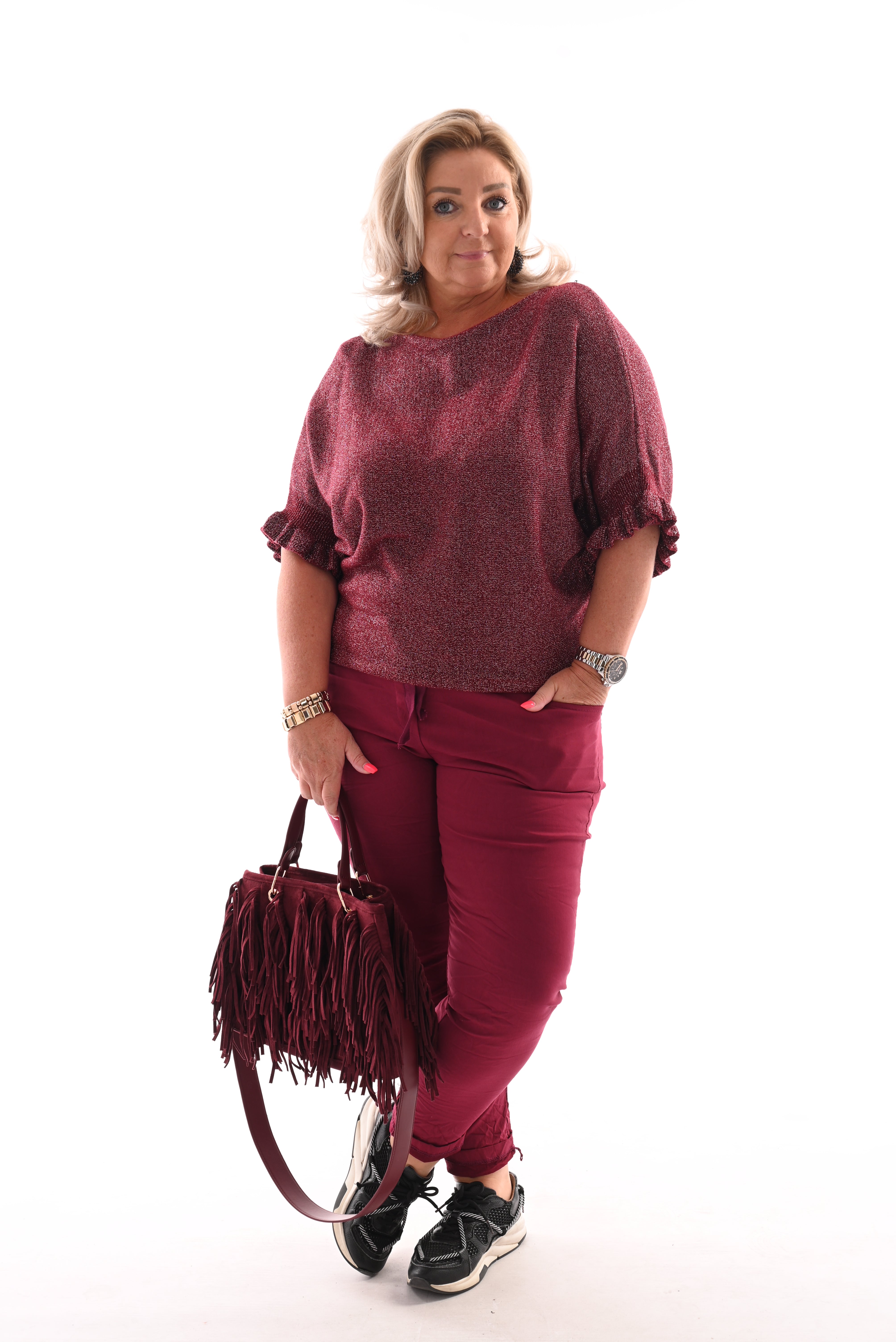 Vleermuis trui korte roezel mouwen glitter bordeaux