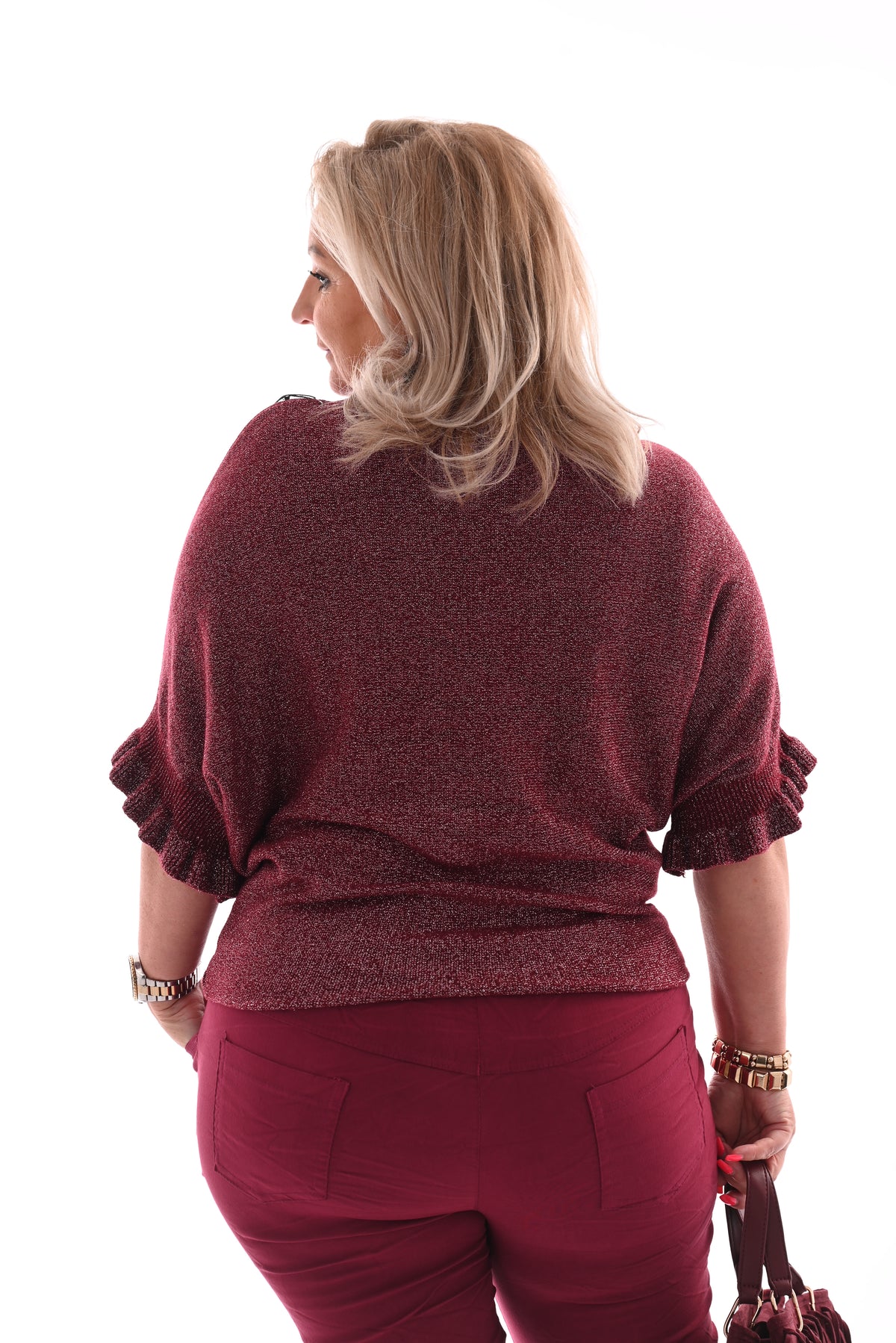 Vleermuis trui korte roezel mouwen glitter bordeaux