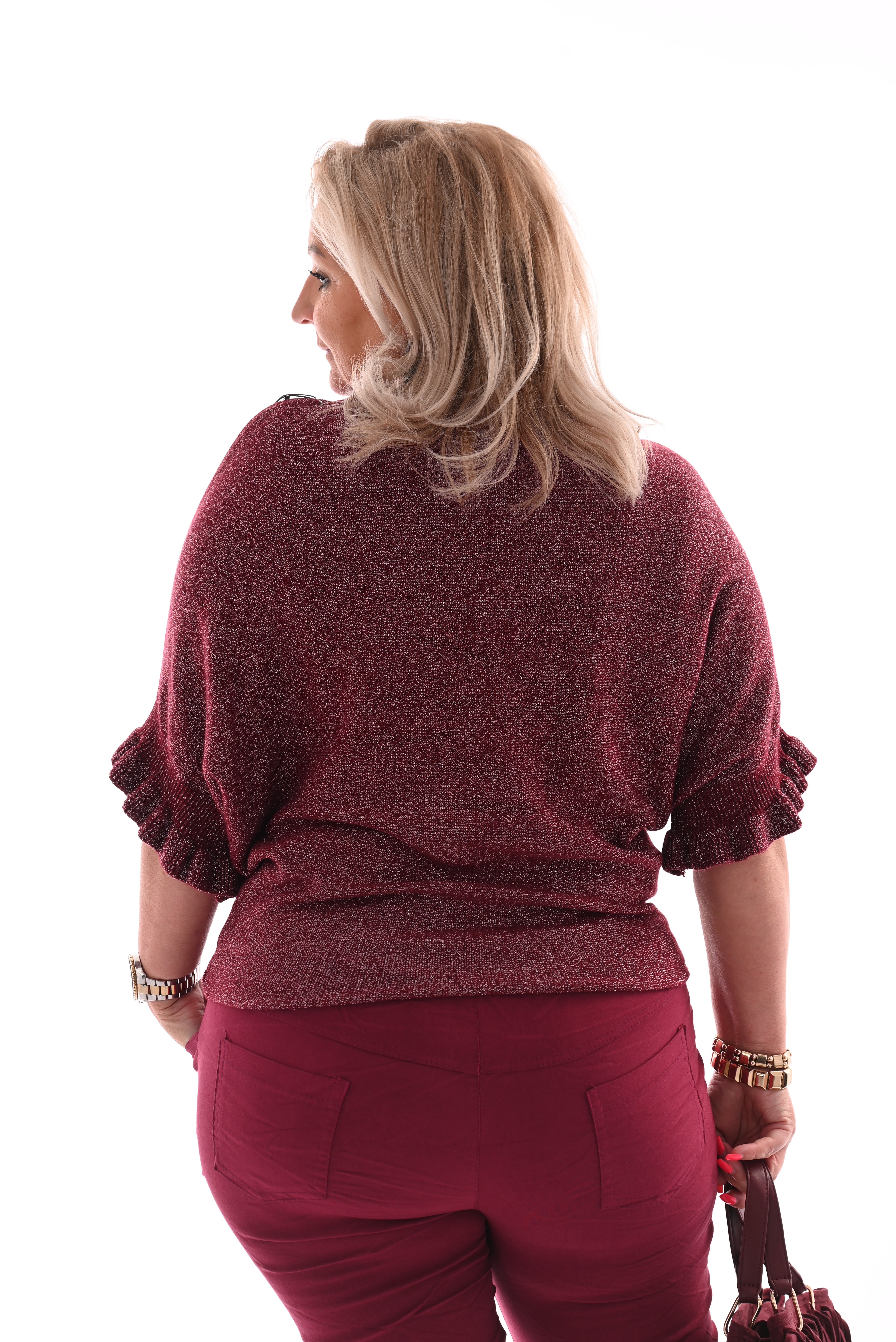 Vleermuis trui korte roezel mouwen glitter bordeaux