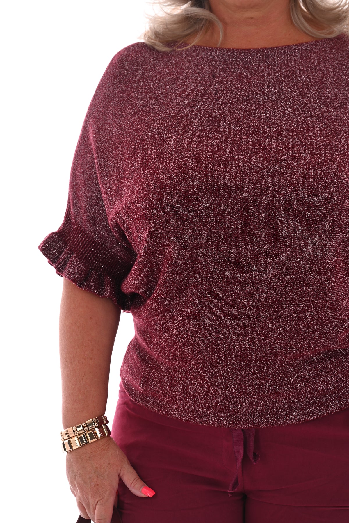 Vleermuis trui korte roezel mouwen glitter bordeaux