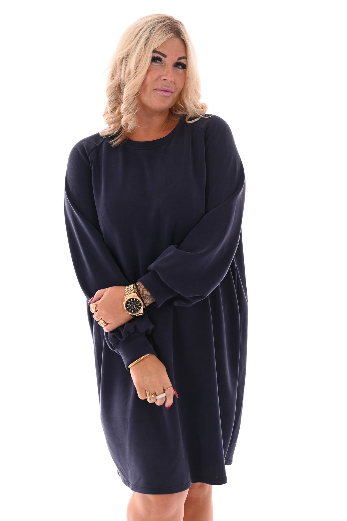 Sweaterdress pofmouwen marineblauw