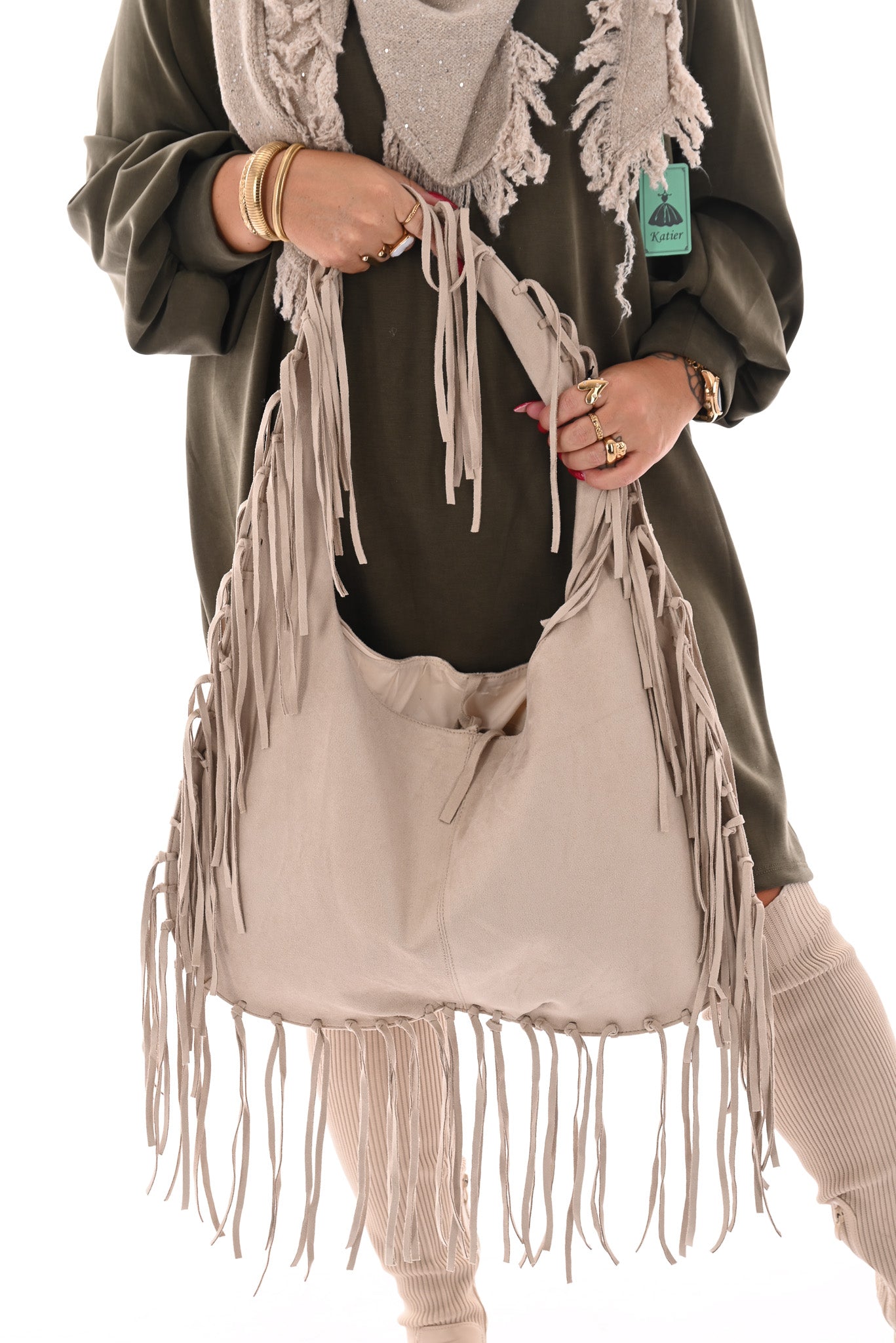 Suedinelook schoudertas franjes beige