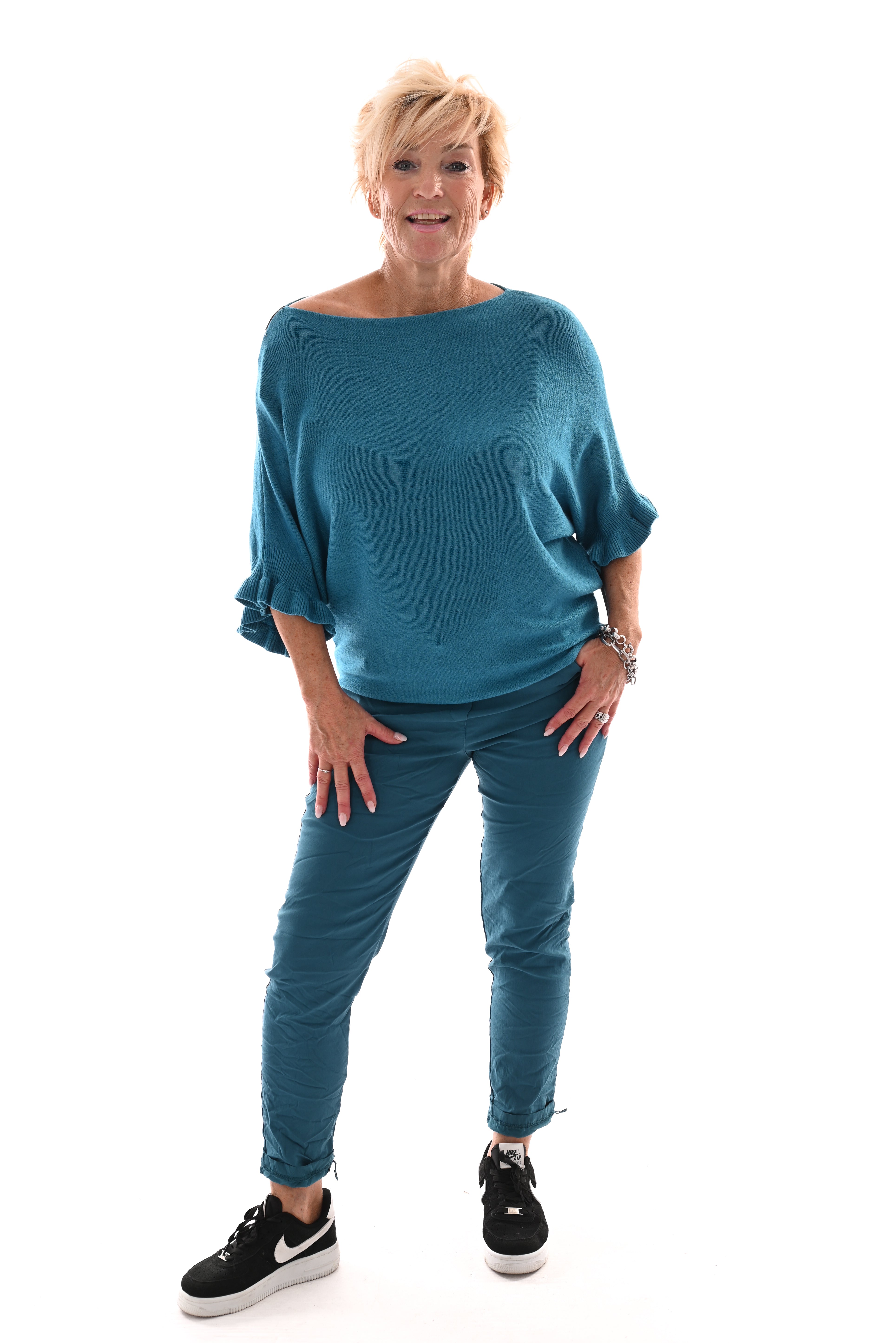 Vleermuis trui korte roezel mouwen uni blauw