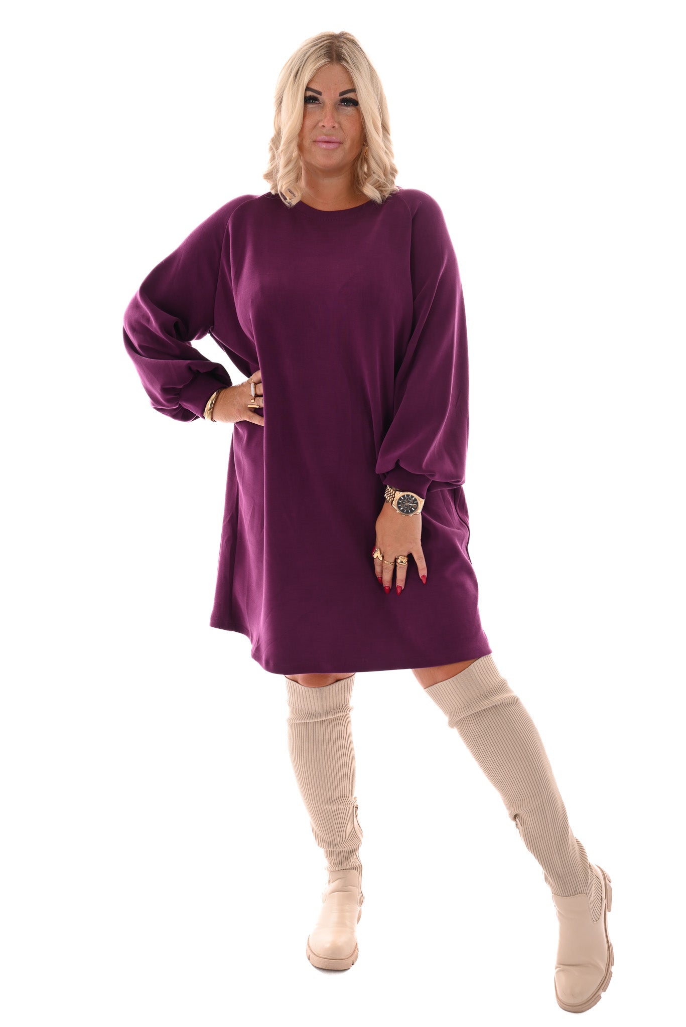 Sweaterdress pofmouwen paars