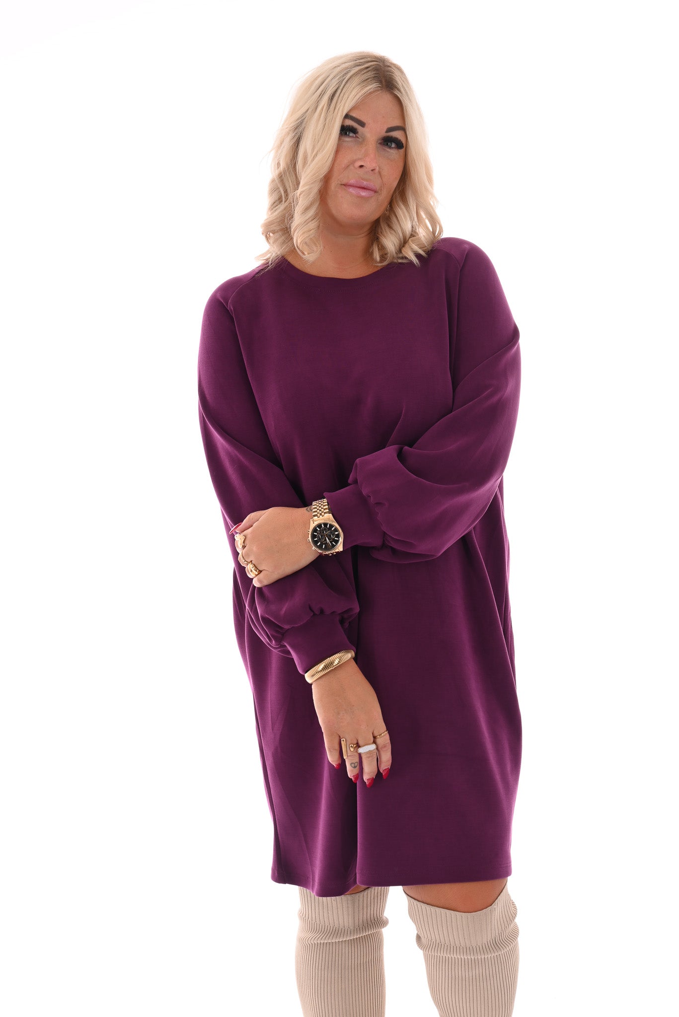 Sweaterdress pofmouwen paars