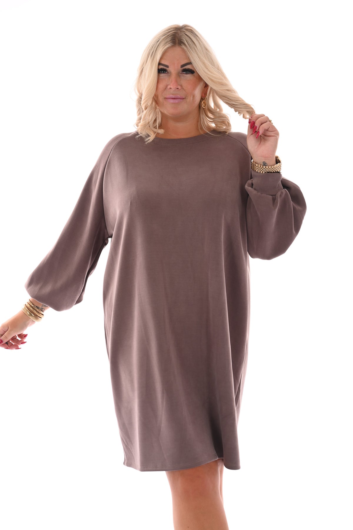 Sweaterdress pofmouwen taupe
