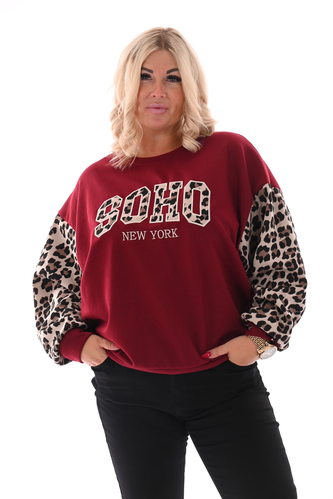Sweater Soho panterprint mouwen bordeaux
