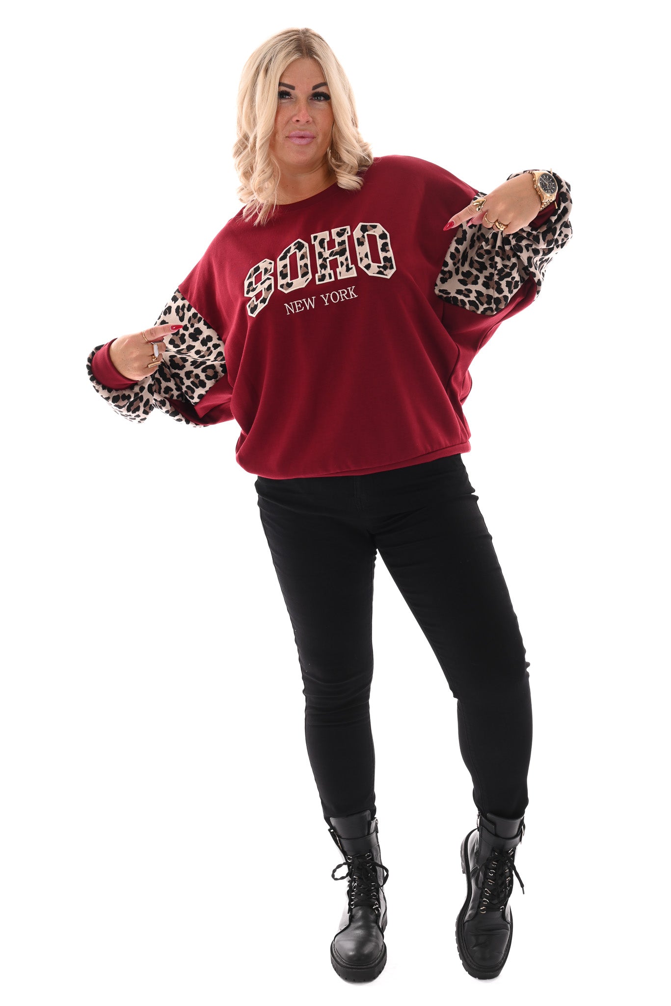 Sweater Soho panterprint mouwen bordeaux