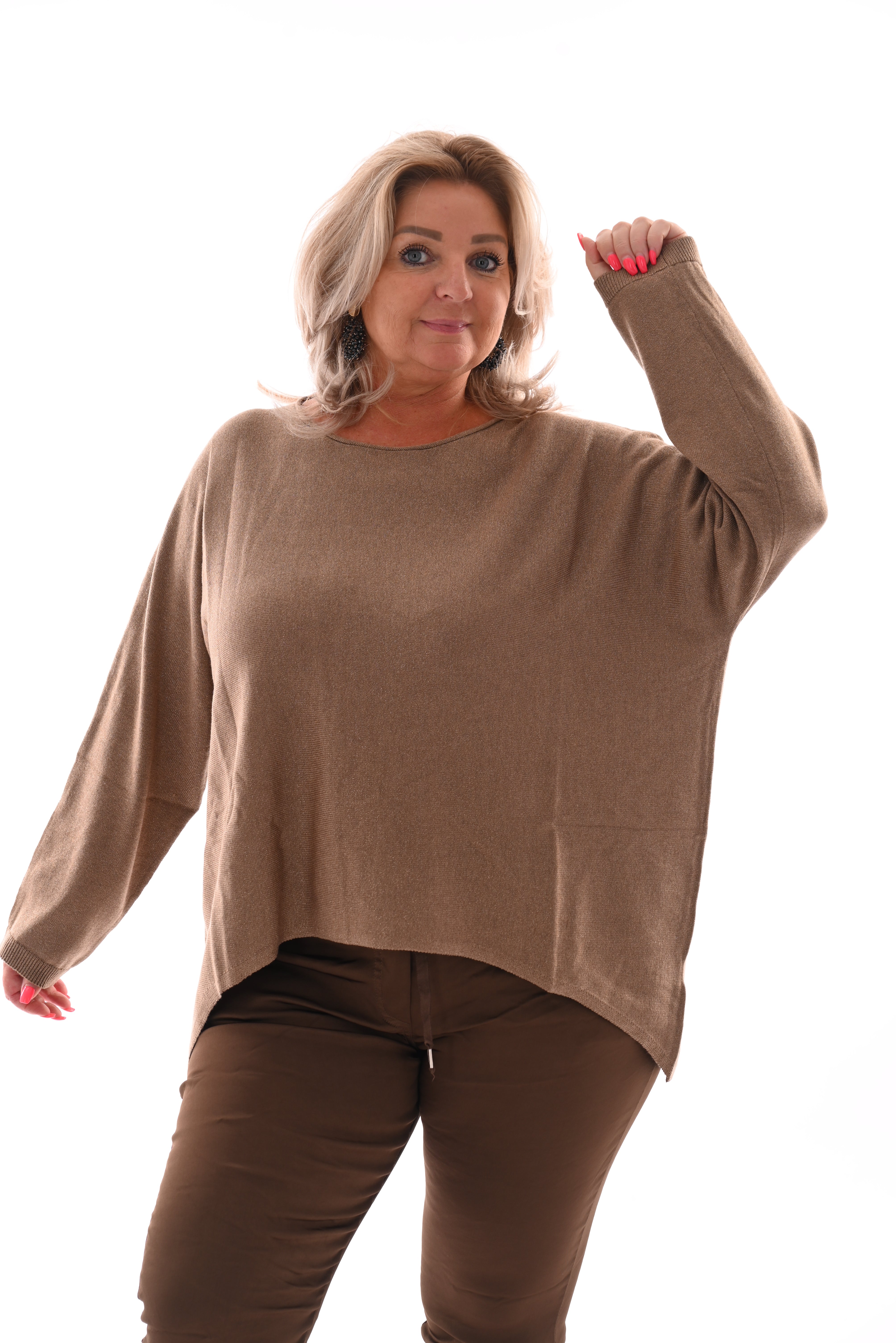Trui ronde hals glitter camel