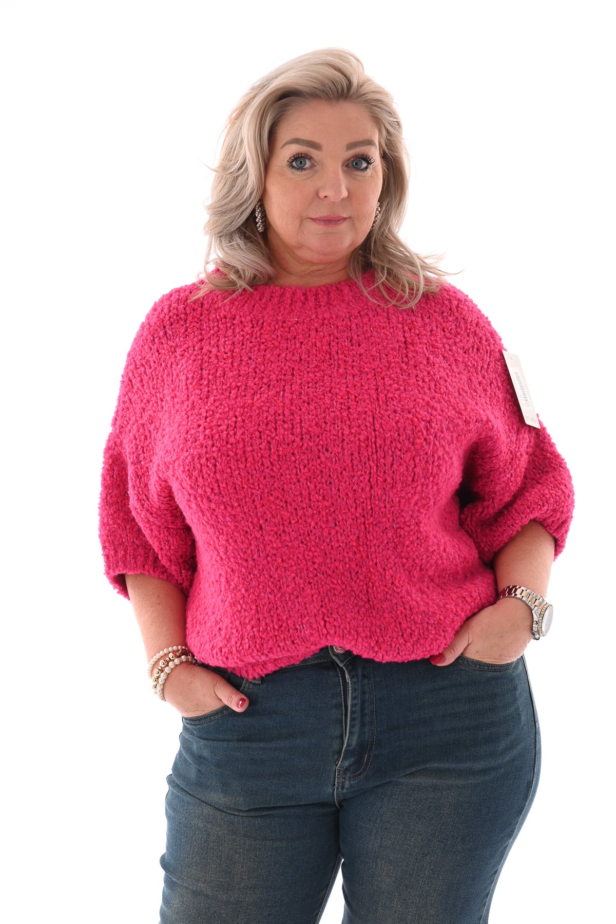 Boucle trui korte mouwen fuchsia