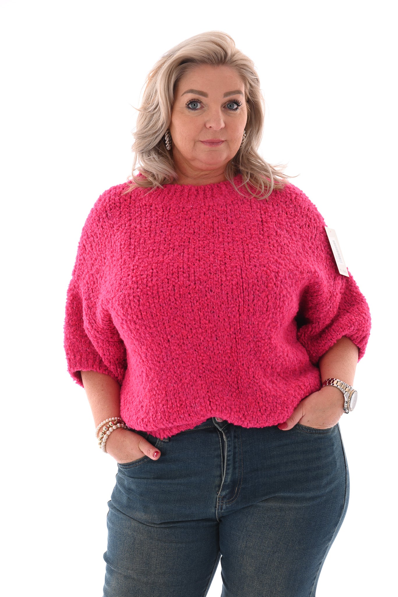 Boucle trui korte mouwen fuchsia