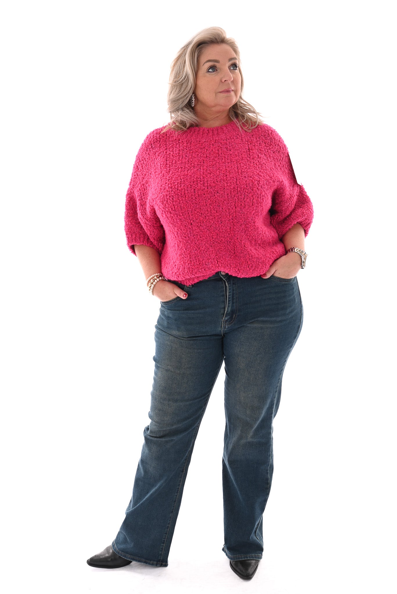 Boucle trui korte mouwen fuchsia