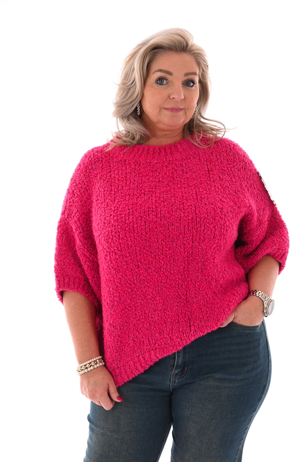 Boucle trui korte mouwen fuchsia