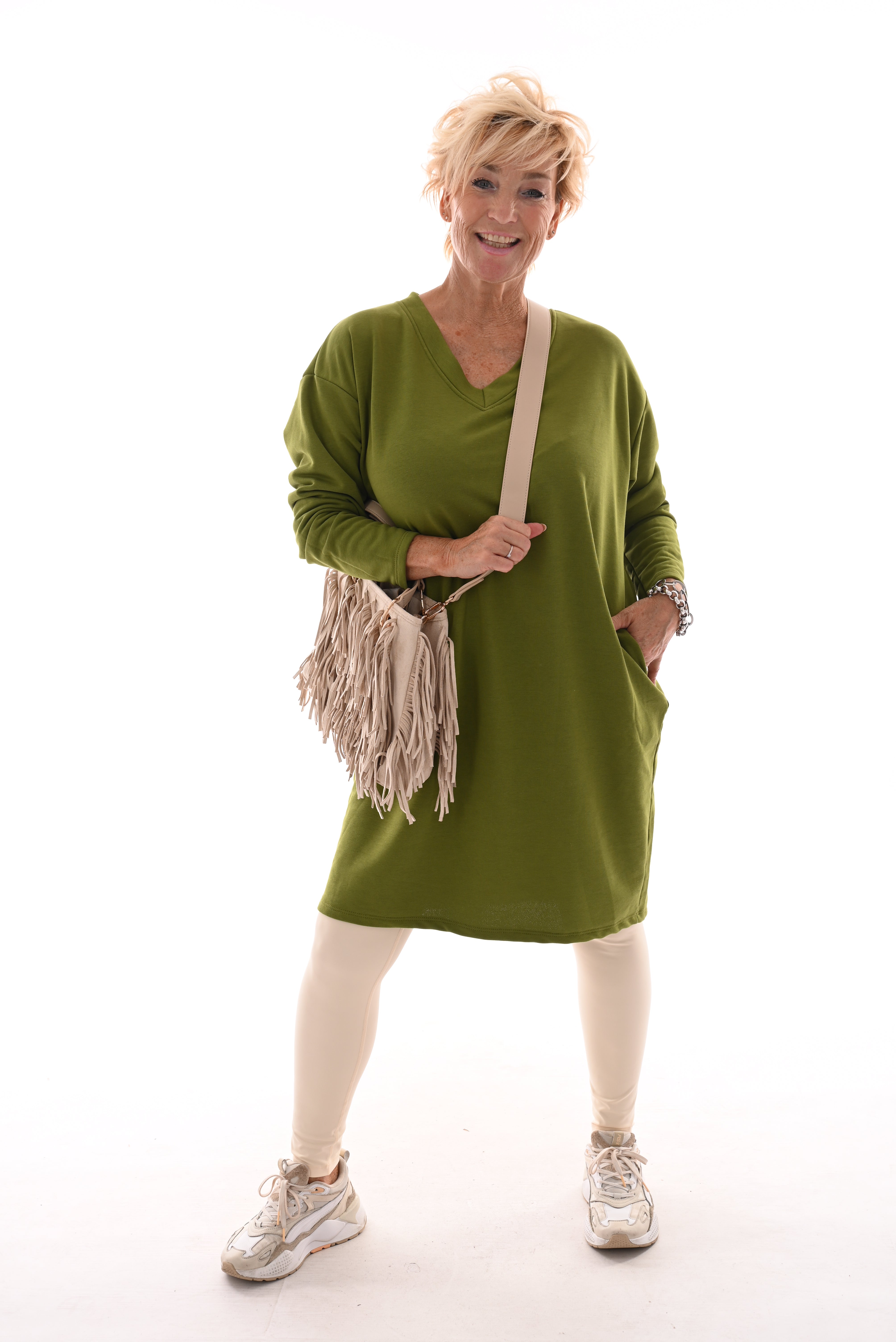 Sweaterdress v-hals uni groen