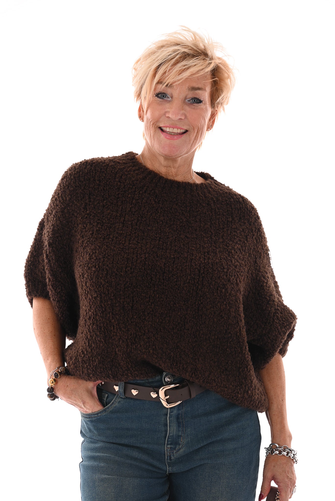 Boucle trui korte mouwen donkerbruin