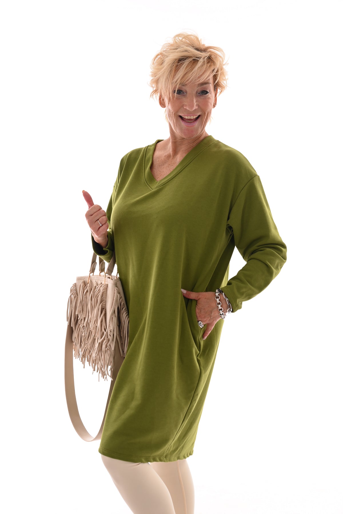 Sweaterdress v-hals uni groen