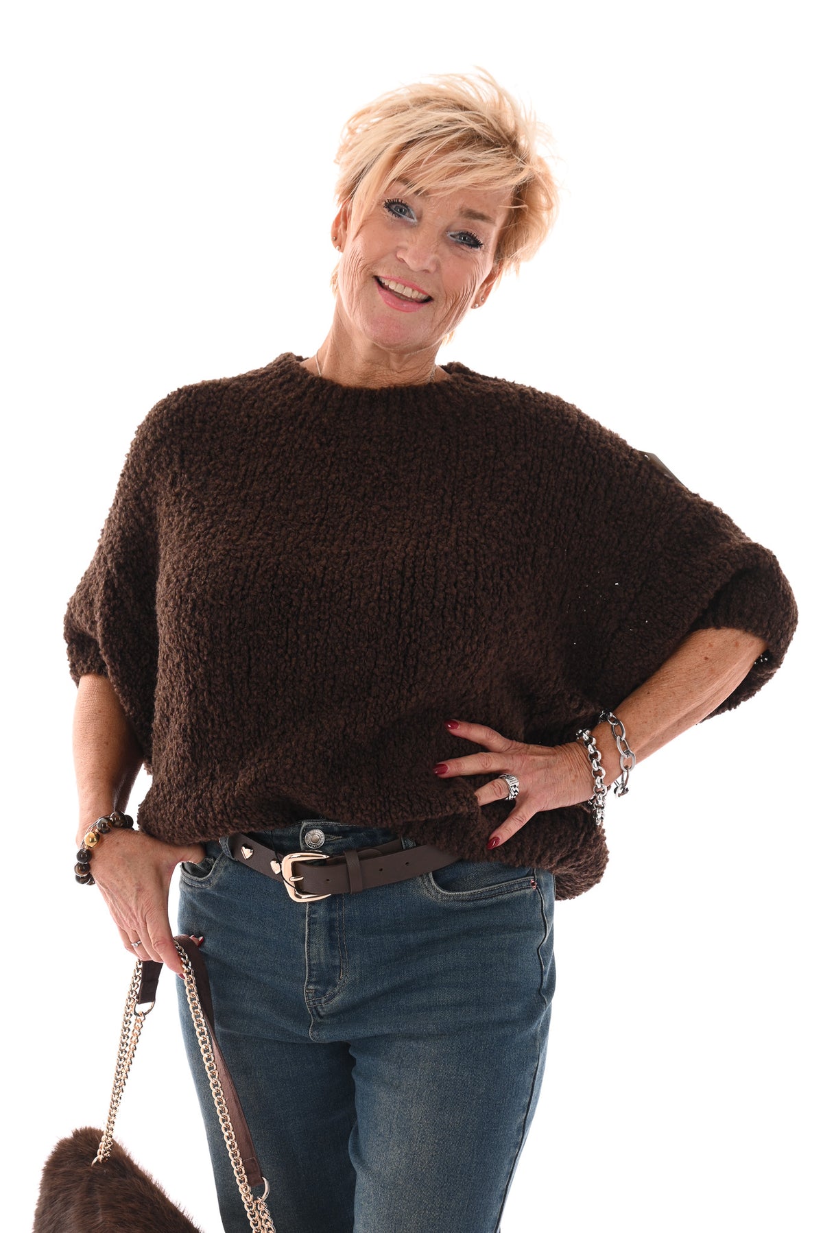 Boucle trui korte mouwen donkerbruin