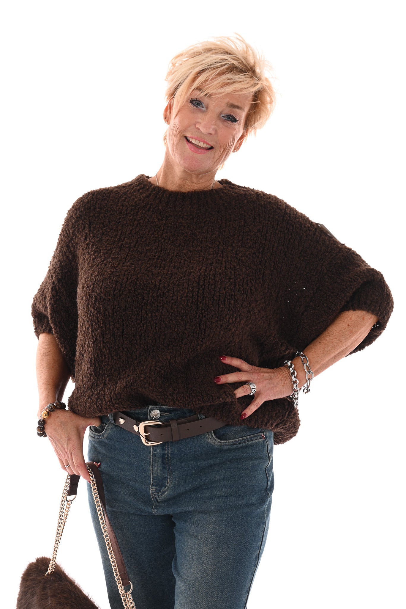Boucle trui korte mouwen donkerbruin