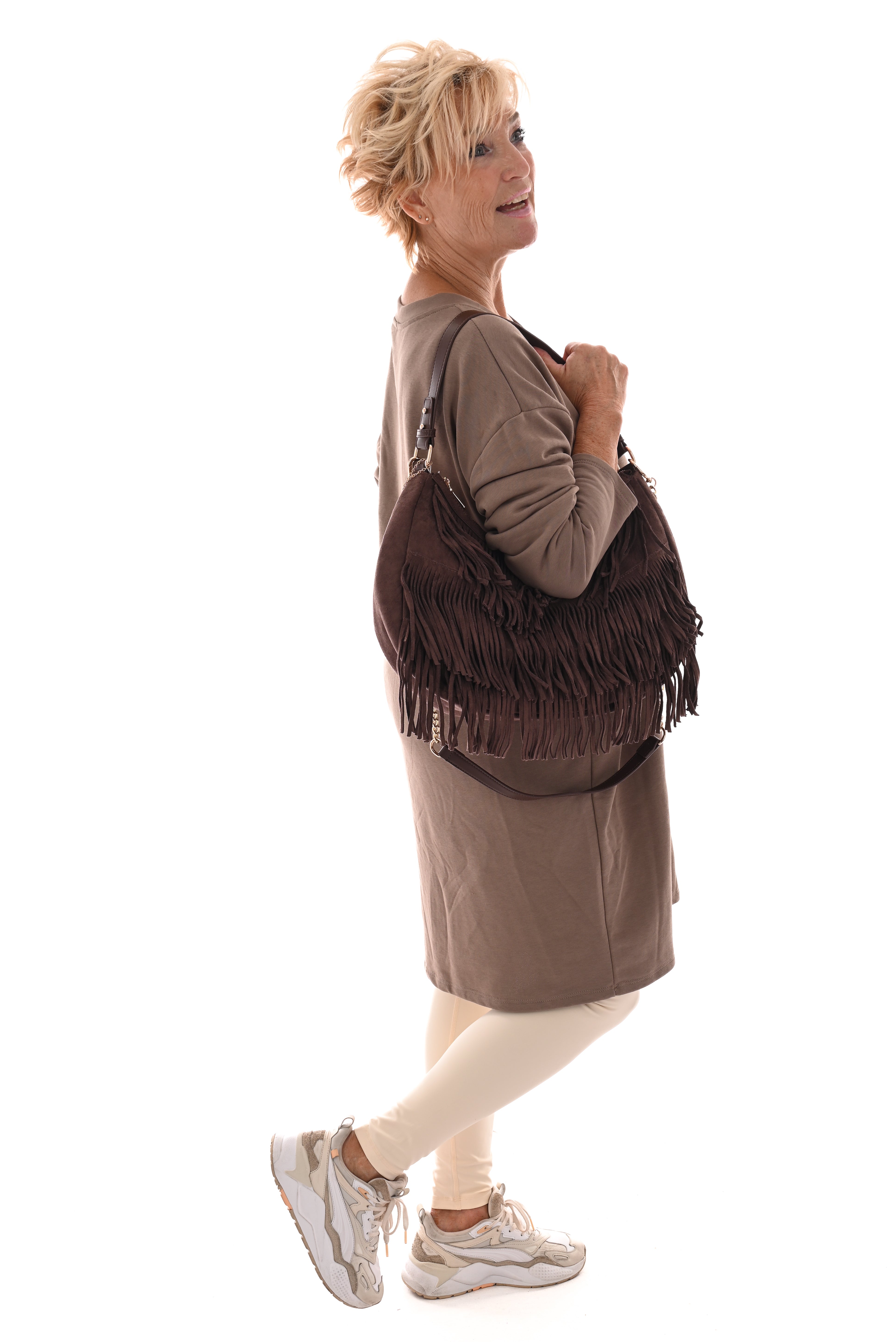 Sweaterdress v-hals uni lichtbruin