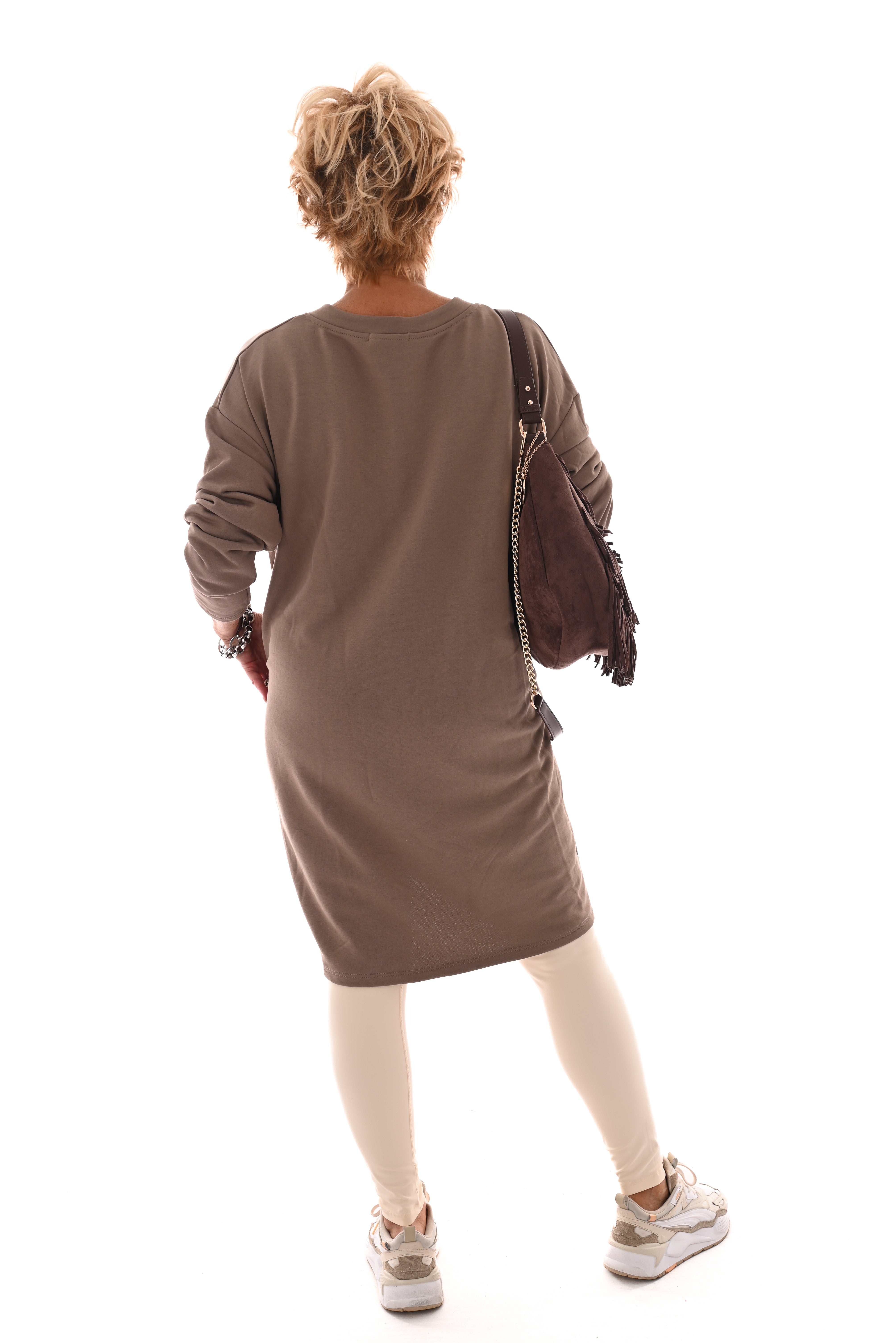 Sweaterdress v-hals uni lichtbruin