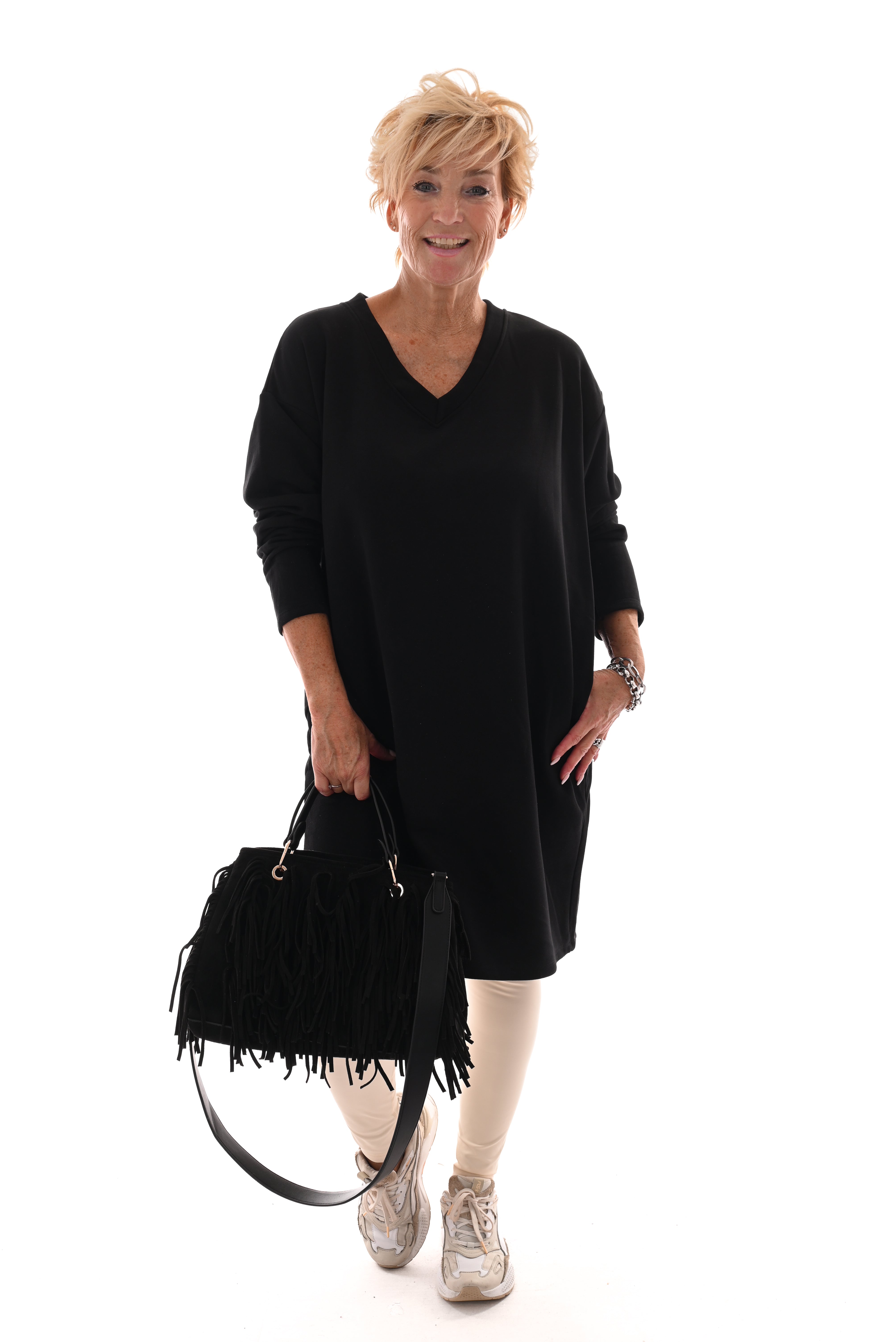 Sweaterdress v-hals uni zwart